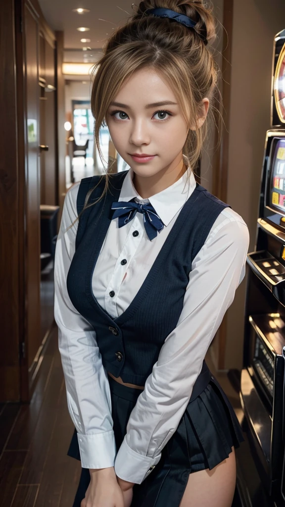 Japanese female one person、Transcendently beautiful、((24-years-old))、((smile)、((Blonde hair, but black hair around the hairline:1.2))、((One bun hair:1.2))、((navy blue cloth vest:1.25))、((Short dark blue skirt:1.25))、((White long sleeve cutter shirt:1.25))、(checked ribbon bow tie)、((from below:1.3))、(A hallway with slot machines on both sides in the background:1.35)、looking at the camera、