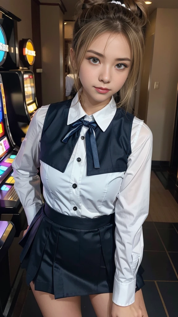 Japanese female one person、Transcendently beautiful、((24-years-old))、((smile)、((Blonde hair, but black hair around the hairline:1.2))、((One bun hair:1.2))、((navy blue cloth vest:1.25))、((Short dark blue skirt:1.25))、((White long sleeve cutter shirt:1.25))、(checked ribbon bow tie)、((from below:1.3))、(A hallway with slot machines on both sides in the background:1.35)、looking at the camera、