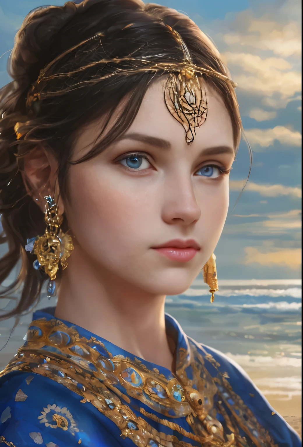 High resolution, brunette girl, 15 years old, bright blue eyes, pattern of stones on her face along the forehead to the temples, Brunette, temples slightly shaved, long black hair pulled back in a ponytail, temples slightly shaved, dressed in a silk shirt and loose trousers, bright blue eyes, portrait, the sea in the background, seagulls, realism, fantasy