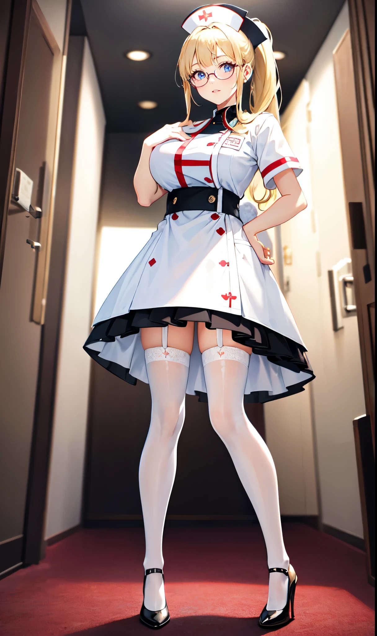 (真实感:1.4),，1female，35yo，Huge breasts，mature，Big high school girl，Japan high school uniform，JK Group，white stockings，beautifullegs，big breasts thin waist，high-heels，Pornographic exposure，