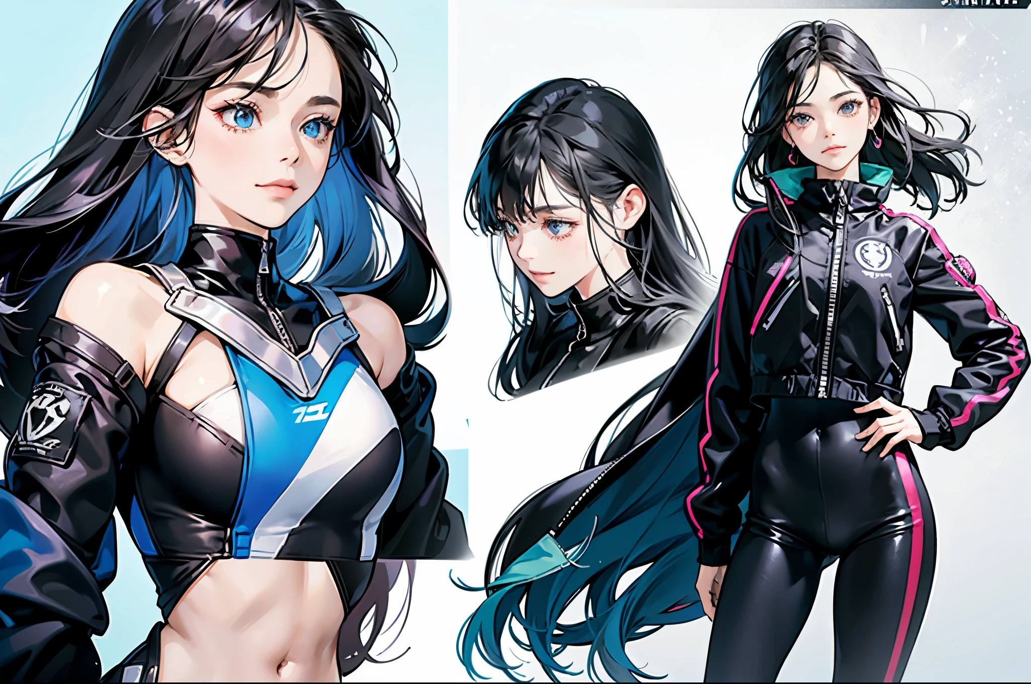 reference of an adult girl, on one canvas there are several variants of emotions (laughter, sadness, a slight smile), the left part of the canvas is a full-length girl, the right part of the canvas is three emotions of a girl (drawing emotions on the shoulders), the face looks straight (a slight smile) the face is sad (turning the head 3/4), laughter (the face looks straight), the girl's face on the left is full-length (looking down), arrogant, cyber style, transparent neon jacket, black sports top under the jacket, bright colors, reference, waist-length hair, black hair, straight hair, leggings, leggings shine, black shiny leggings, shine blue, white background, simple background, empty background