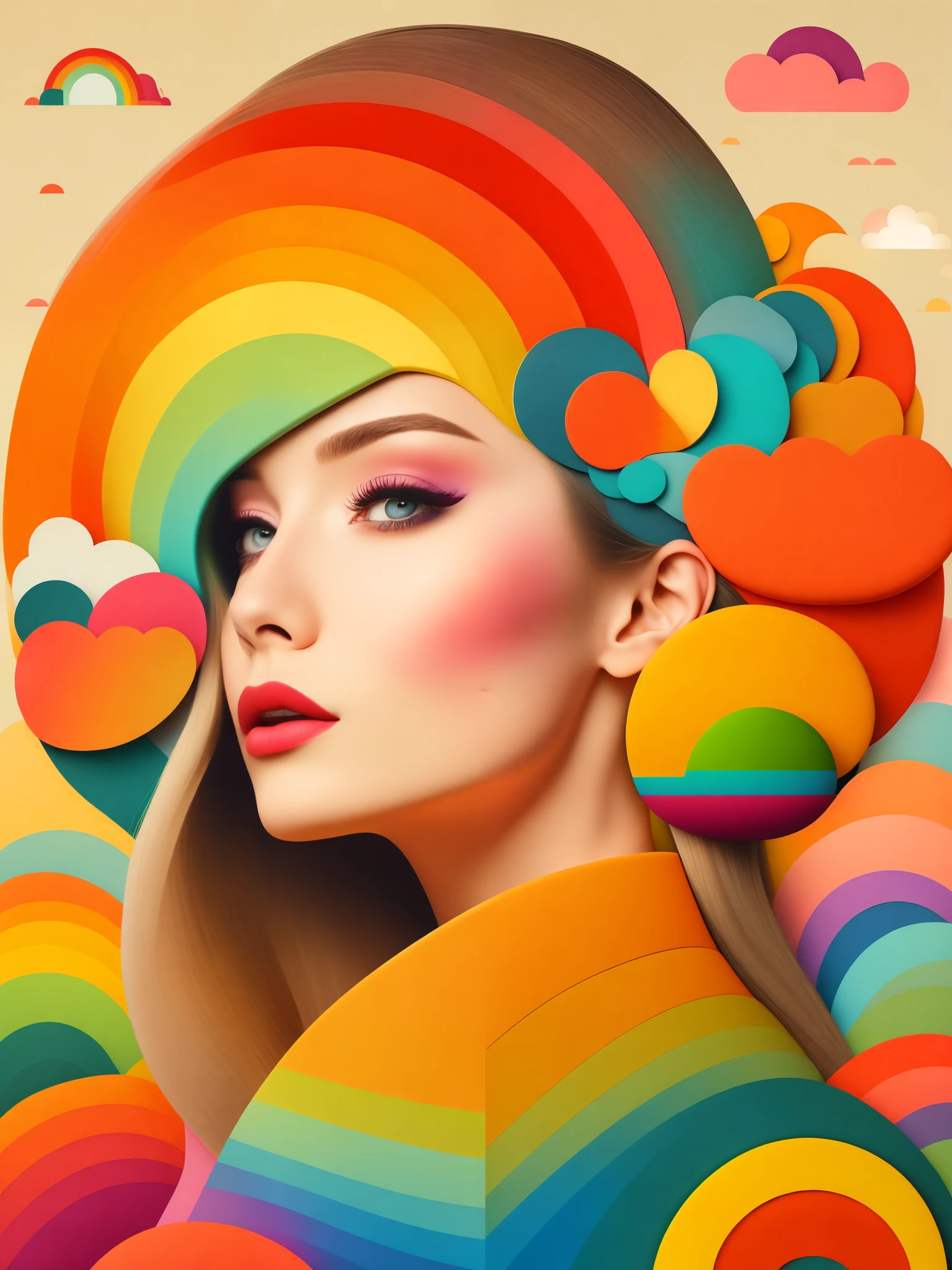 (masterpiece, best quality:1.2),art illustration，girl portrait，often neck，hair by clouds，Baiyun，rainbow，The composition，stitching，trees， rainbow,  , Contrasting colors, in the spring landscape, Abstract surreal colors,rich and colorful, popular geometric surrealism, rainbow色的梦想， icon design, Rozmin trip, vector art，