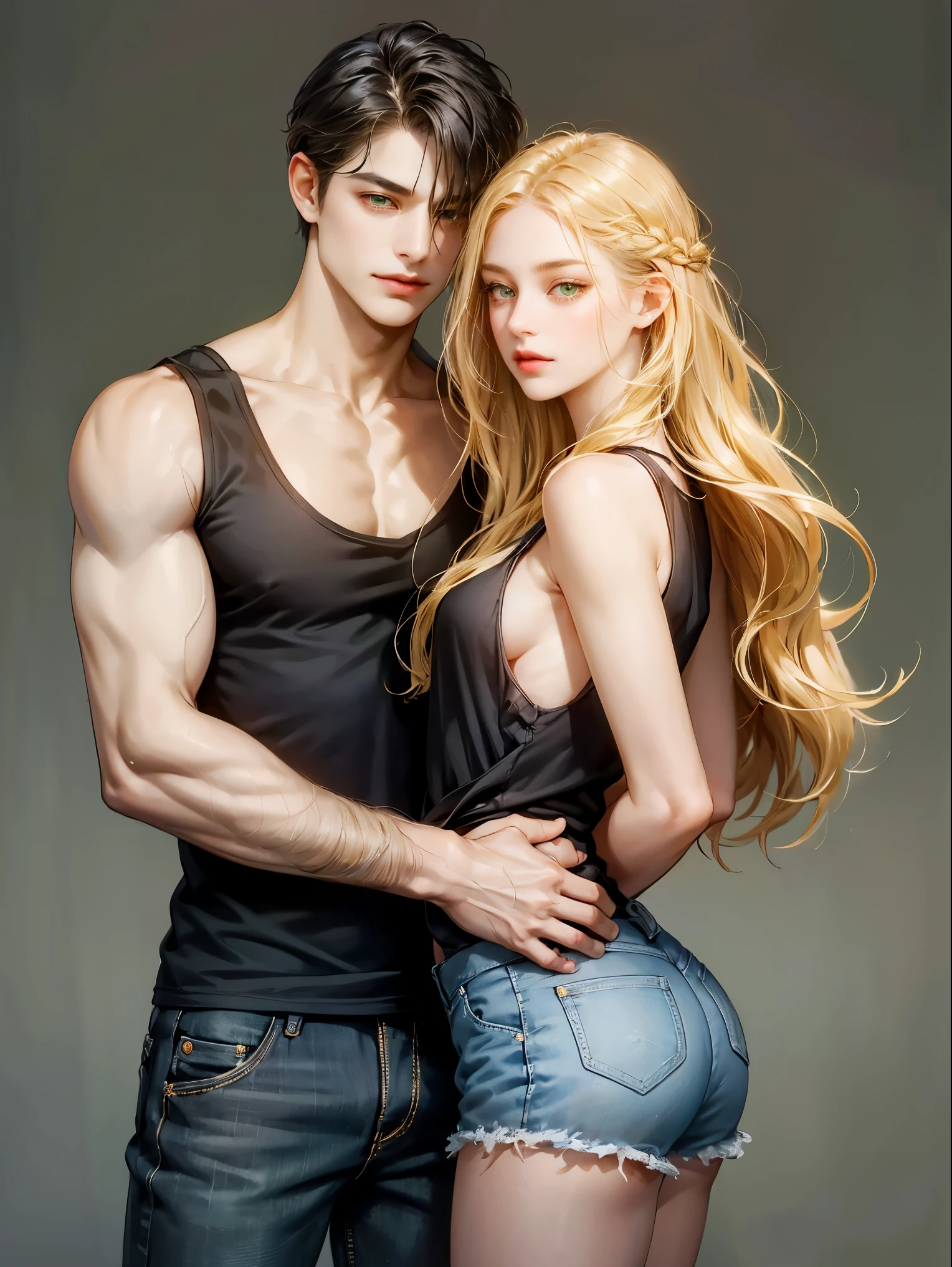 Couple, 1 girl 1 boy, different hair color, long blonde hair, wavy hair, no bangs, grey eyes. Yellow tank-top and shorts, Short black hair, wavy hair, green eyes, open black shirt and jeans, height different, detailed eyes, face, hand. They look at the viewer. They hug. Simple background