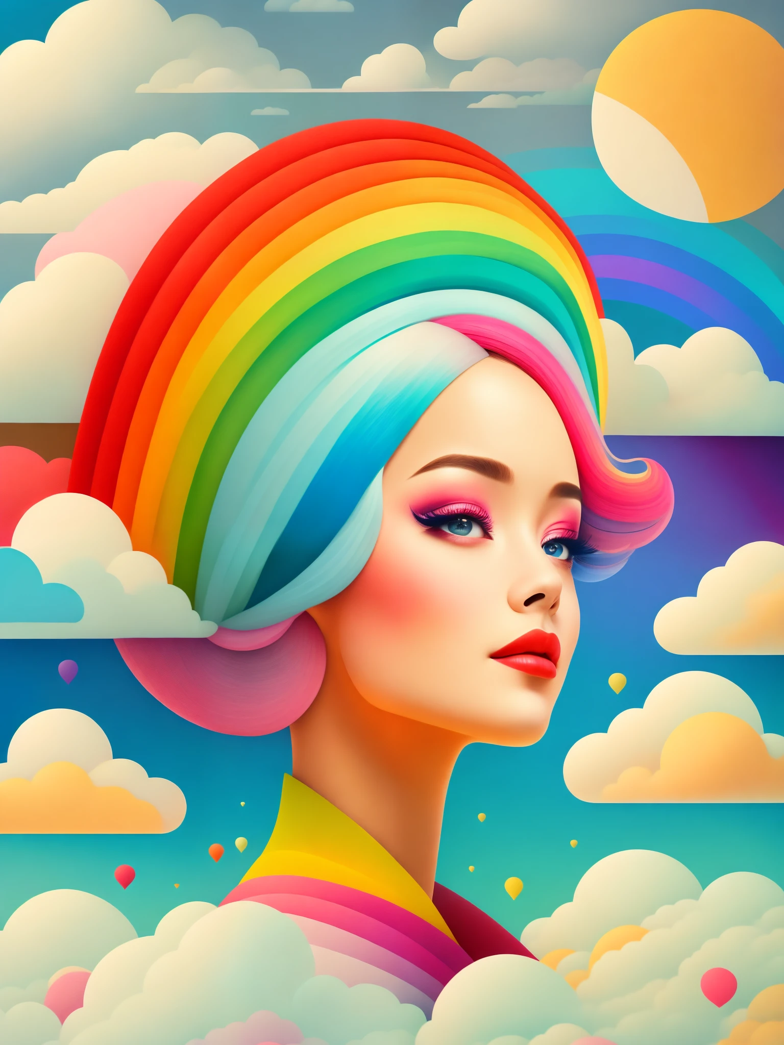 (masterpiece, best quality:1.2),art illustration，girl portrait，often neck，hair by clouds，Baiyun，rainbow，The composition，stitching，trees， rainbow,  , Contrasting colors, in the spring landscape, Abstract surreal colors,rich and colorful, popular geometric surrealism, rainbow色的梦想， icon design, Rozmin trip, vector art，
