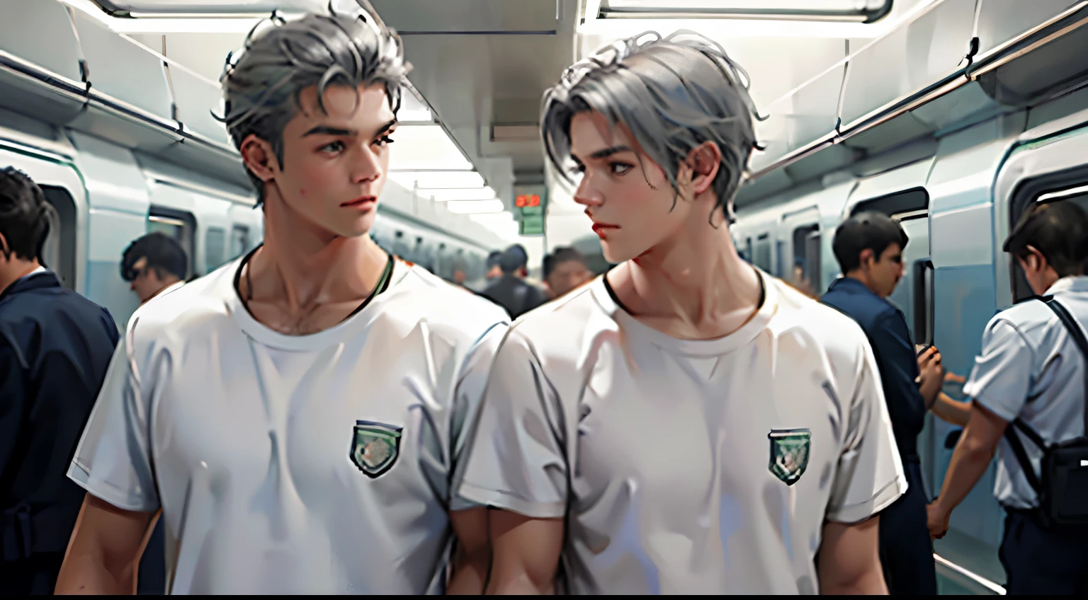 There are two handsome silver-haired boys, they are 15 years old, traveling together in the subway in Mexico, they are wearing white t-shirts.