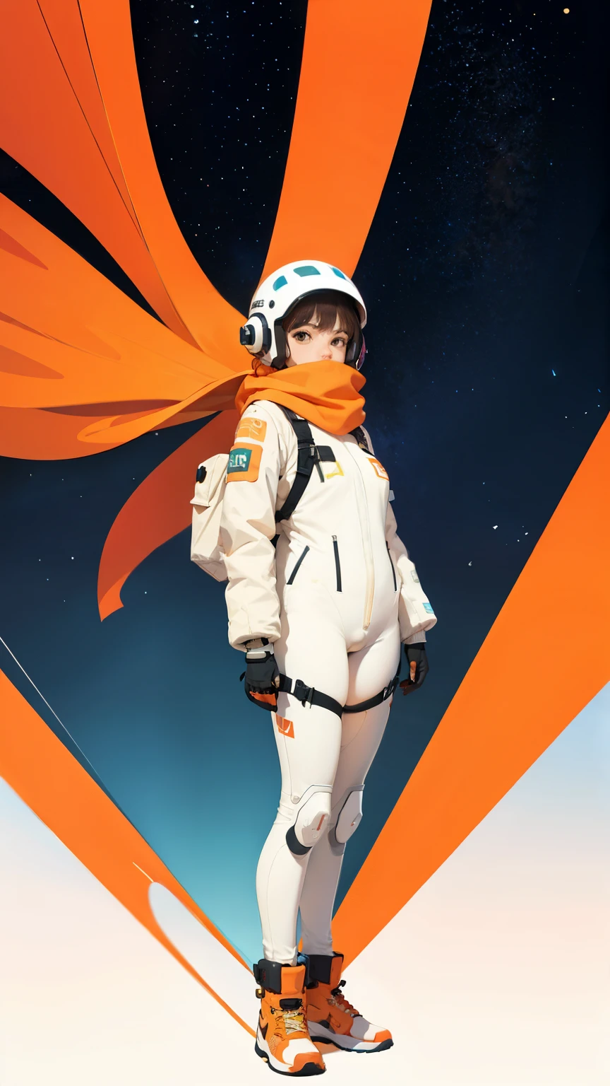 (ultra detailed,ultra high res,detailed background),((2D)),((flat color)),((muted color)),((floating neon)),1girl,solo,looking at viewer, BREAK, orange, spray paint, graffiti, girl in a white space suit wearing her helmet, plush scarf, full body image, adult woman, anatomically perfect face, face in focus, symmetrical face