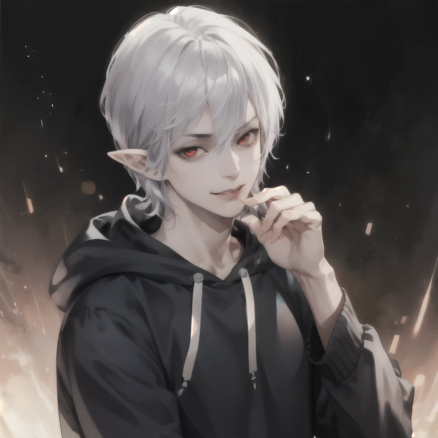 masterpiece, best quality, high quality, 1boy, solo, elder male focus, looking at viewer, age 30, half body, red eyes, short silver hair, pointy ears, realistic, hoodie, smirk, dark spiral background