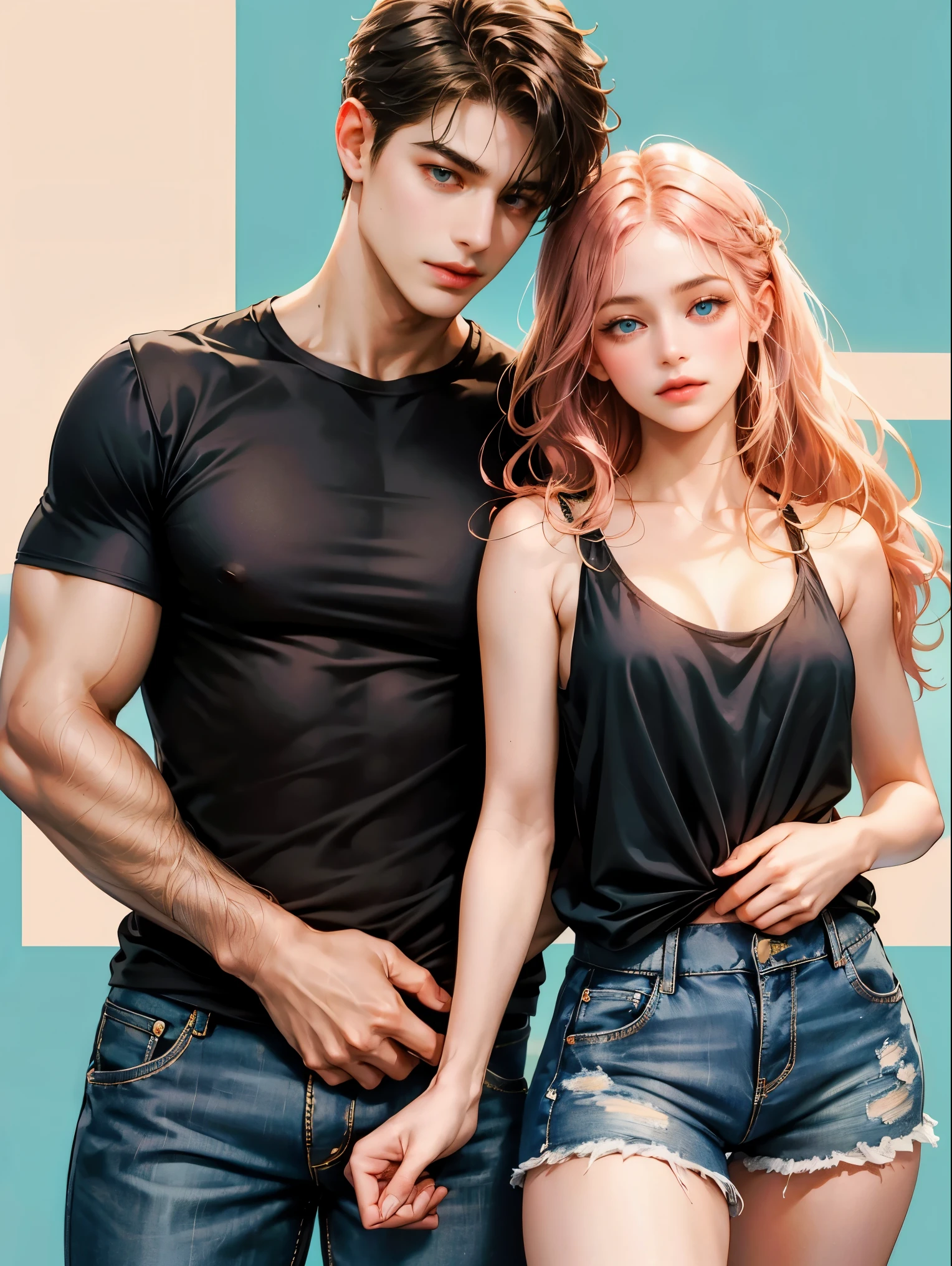 Couple, 1 girl 1 boy, different hair color, long pink hair, wavy hair, no bangs, brown eyes. Green tank-top and shorts, Short light brown hair, wavy hair, sky blue eyes, open black shirt and jeans, height different, detailed eyes, face, hand. They look at the viewer. They hug. Simple background