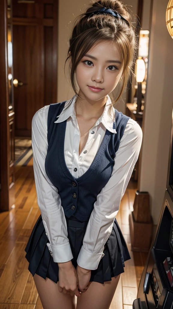 Japanese female one person、Transcendently beautiful、((24-years-old))、((smile))、((half-close your eyes))、((Mouth wide open))、((Blonde hair, but black hair around the hairline:1.2))、((One bun hair:1.2))、((navy blue cloth vest:1.25))、((Short dark blue skirt:1.25))、((White long sleeve cutter shirt:1.25))、(checked ribbon bow tie)、((from below:1.3))、(A hallway with slot machines on both sides in the background:1.35)、looking at the camera、