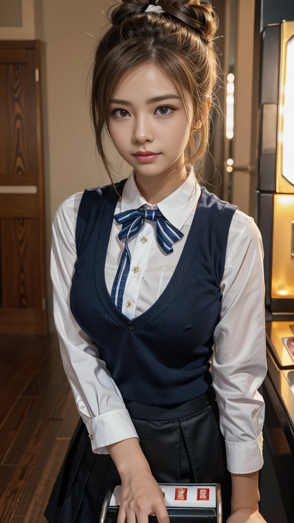 Japanese female one person、Transcendently beautiful、((24-years-old))、((smile))、((half-close your eyes))、((Mouth wide open))、((Blonde hair, but black hair around the hairline:1.2))、((One bun hair:1.2))、((navy blue cloth vest:1.25))、((Short dark blue skirt:1.25))、((White long sleeve cutter shirt:1.25))、(checked ribbon bow tie)、((from below:1.3))、(A hallway with slot machines on both sides in the background:1.35)、looking at the camera、