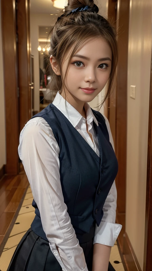 Japanese female one person、Transcendently beautiful、((24-years-old))、((smile))、((half-close your eyes))、((Mouth wide open))、((Blonde hair, but black hair around the hairline:1.2))、((One bun hair:1.2))、((navy blue cloth vest:1.25))、((Short dark blue skirt:1.25))、((White long sleeve cutter shirt:1.25))、(checked ribbon bow tie)、((from below:1.3))、(A hallway with slot machines on both sides in the background:1.35)、looking at the camera、