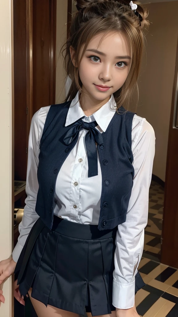 Japanese female one person、Transcendently beautiful、((24-years-old))、((smile))、((half-close your eyes))、((Mouth wide open))、((Blonde hair, but black hair around the hairline:1.2))、((One bun hair:1.2))、((navy blue cloth vest:1.25))、((Short dark blue skirt:1.25))、((White long sleeve cutter shirt:1.25))、(checked ribbon bow tie)、((from below:1.3))、(A hallway with slot machines on both sides in the background:1.35)、looking at the camera、