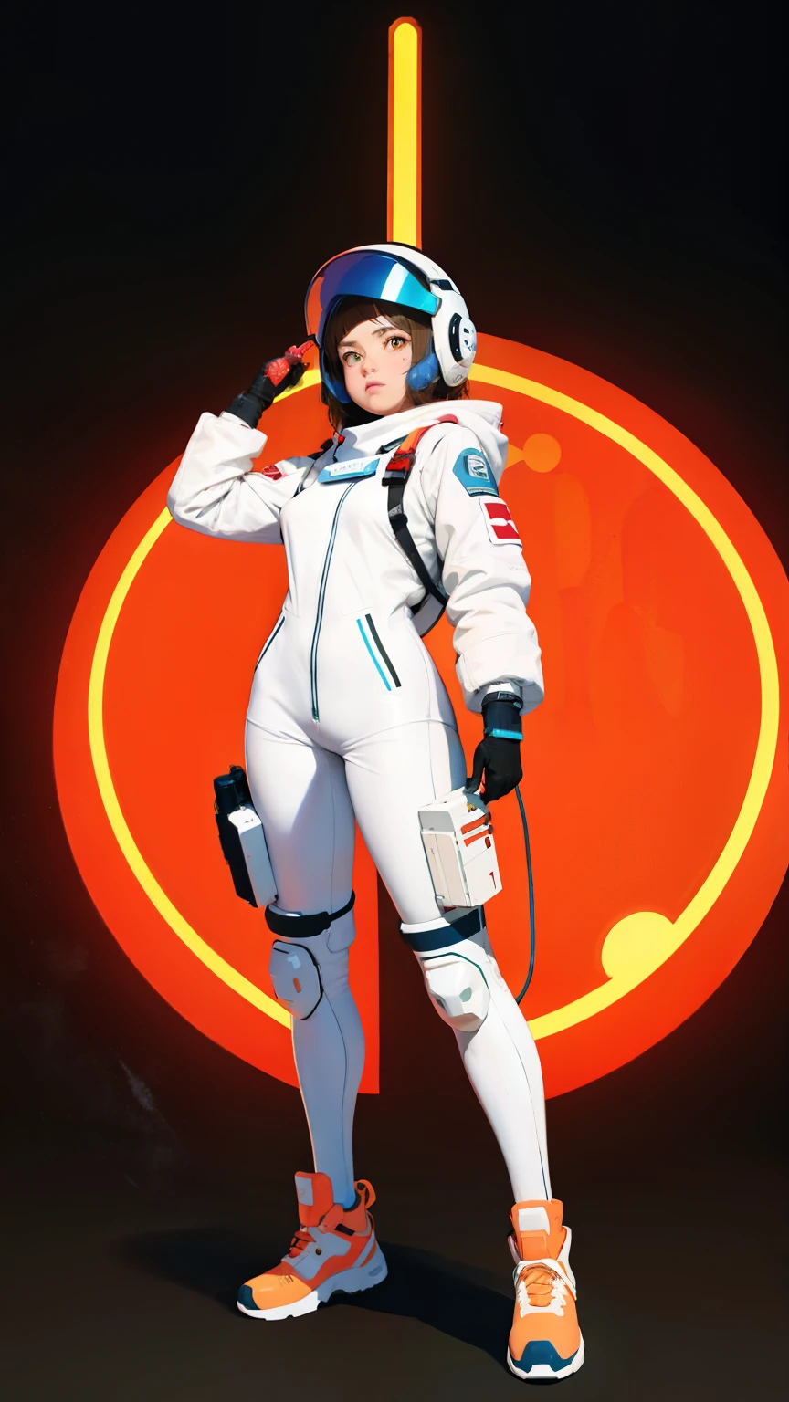 (ultra detailed,ultra high res,detailed background),((2D)),((flat color)),((muted color)),((floating neon)),1girl,solo,looking at viewer, BREAK, spray paint, graffiti, girl in a white space suit wearing her helmet, plush scarf, full body image, adult woman, anatomically perfect face, face in focus, symmetrical face