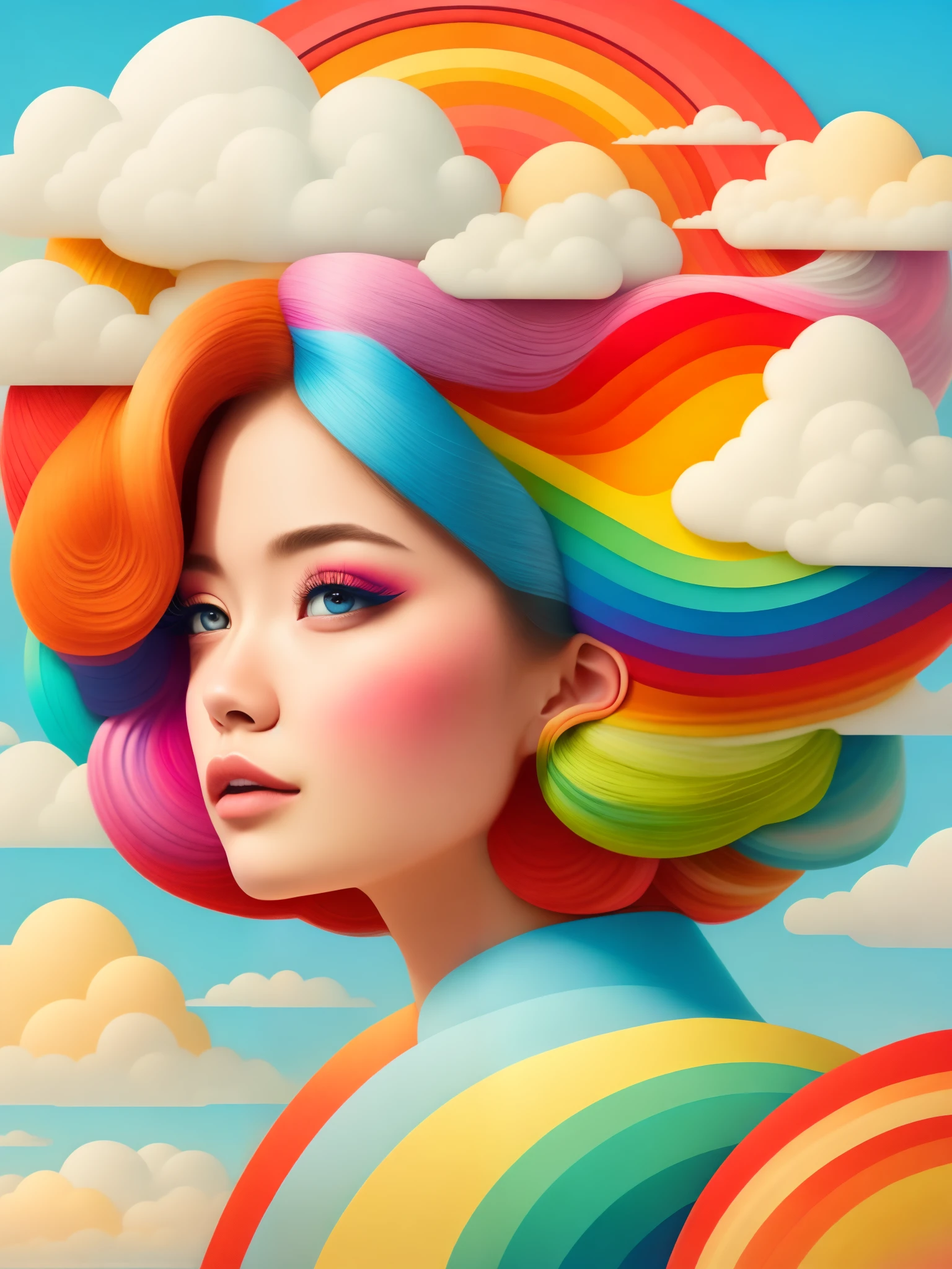 (masterpiece, best quality:1.2),art illustration，girl portrait，often neck，hair by clouds，Baiyun，rainbow，The composition，stitching，trees， rainbow,  , Contrasting colors, in the spring landscape, Abstract surreal colors,rich and colorful, popular geometric surrealism, rainbow色的梦想， icon design, Rozmin trip, vector art，