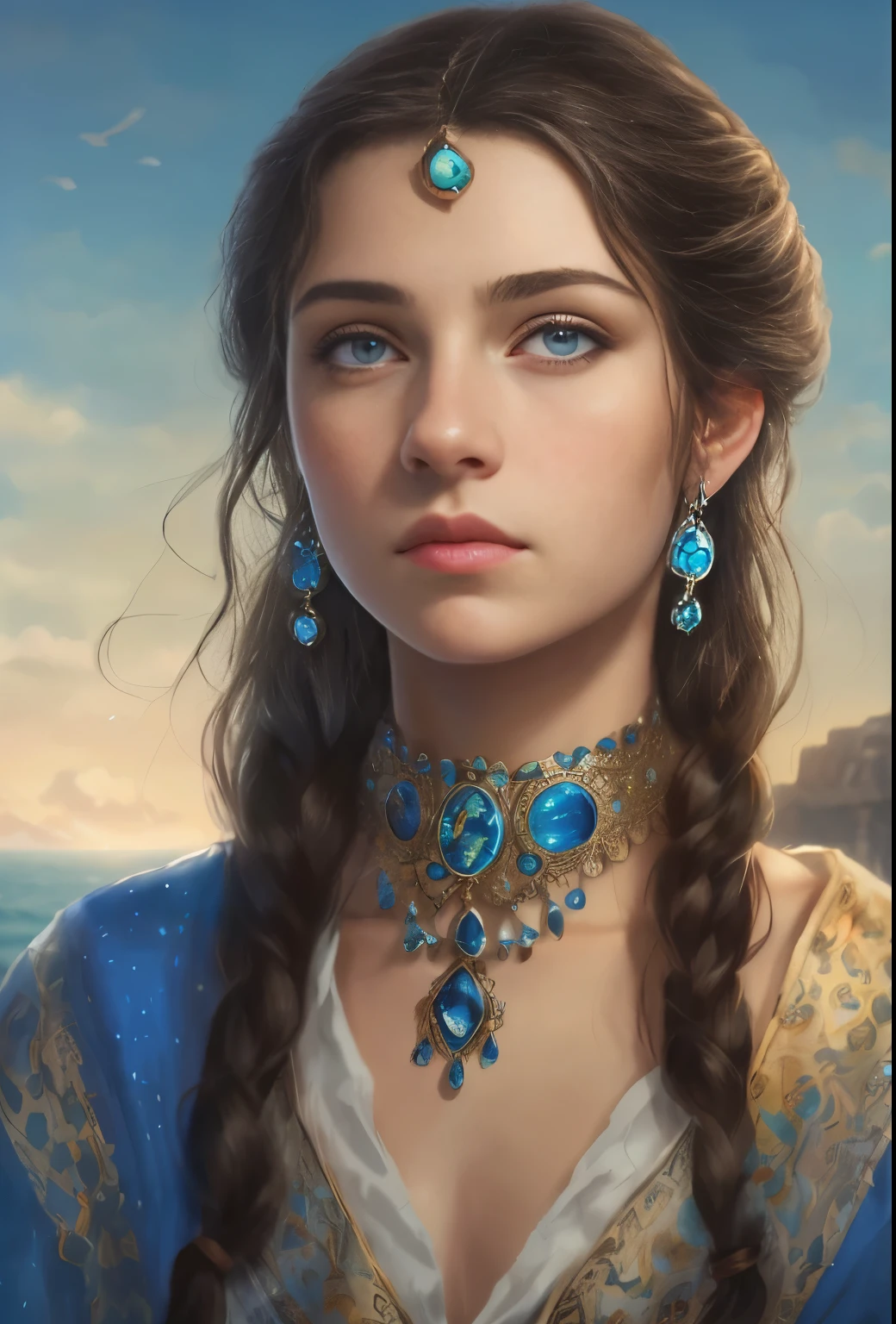 High resolution, brunette girl, 15 years old, bright blue eyes, pattern of stones on her face along the forehead to the temples, Brunette, temples slightly shaved, long black hair pulled back in a ponytail, temples slightly shaved, dressed in a silk shirt and loose trousers, bright blue eyes, portrait, the sea in the background, seagulls, realism, fantasy