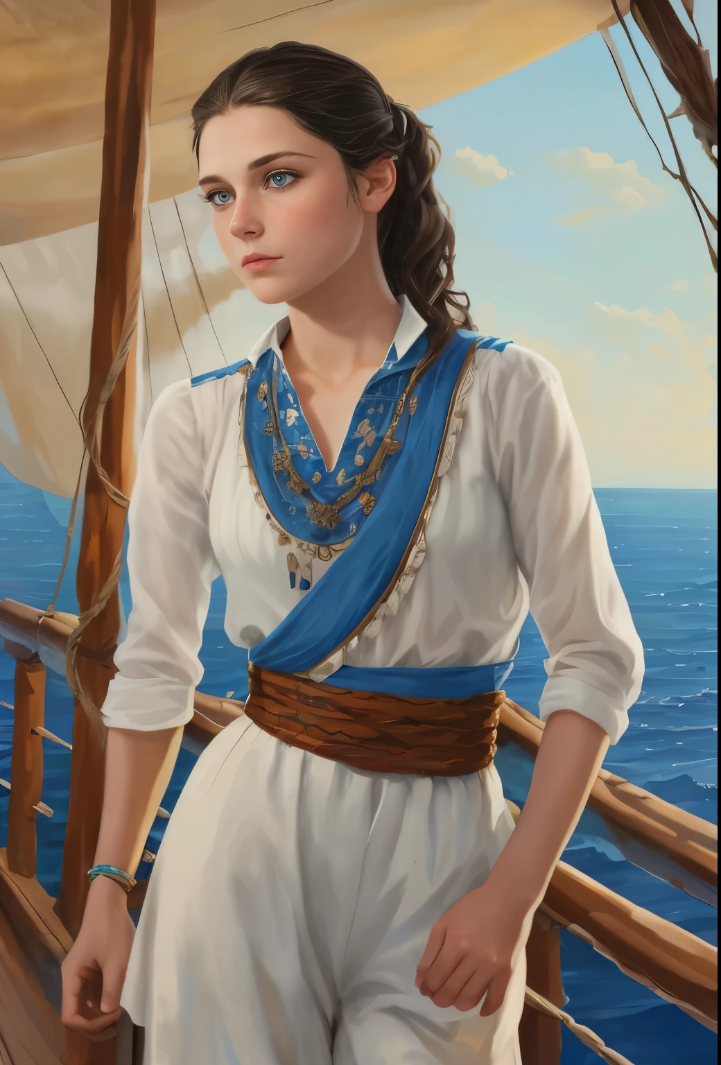 High resolution, brunette girl, 15 years old, bright blue eyes, pattern of stones on her face along the forehead to the temples, Brunette, temples slightly shaved, long black hair pulled back in a ponytail, temples slightly shaved, dressed in a silk shirt and loose trousers, bright blue eyes, portrait, the sea in the background, seagulls, realism, fantasy