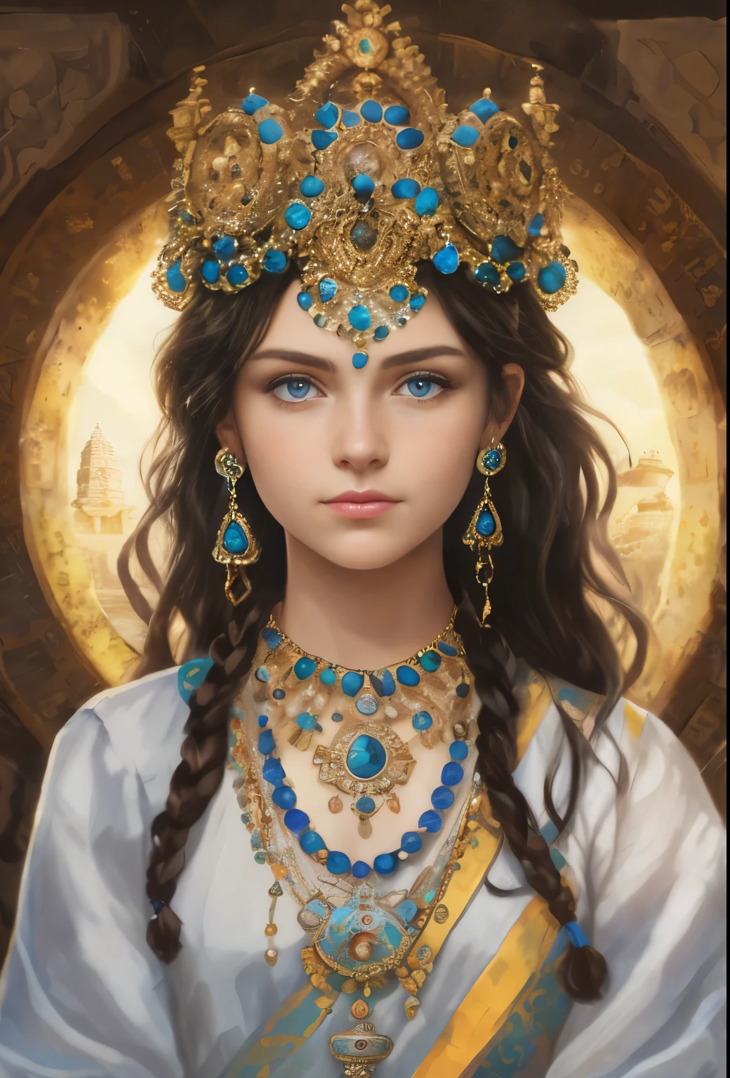 High resolution, brunette girl, , bright blue eyes, pattern of stones on her face along the forehead to the temples, Brunette, temples slightly shaved, long black hair pulled back in a ponytail, temples slightly shaved, dressed in a silk shirt and loose trousers, bright blue eyes, portrait, the sea in the background, seagulls, realism, fantasy