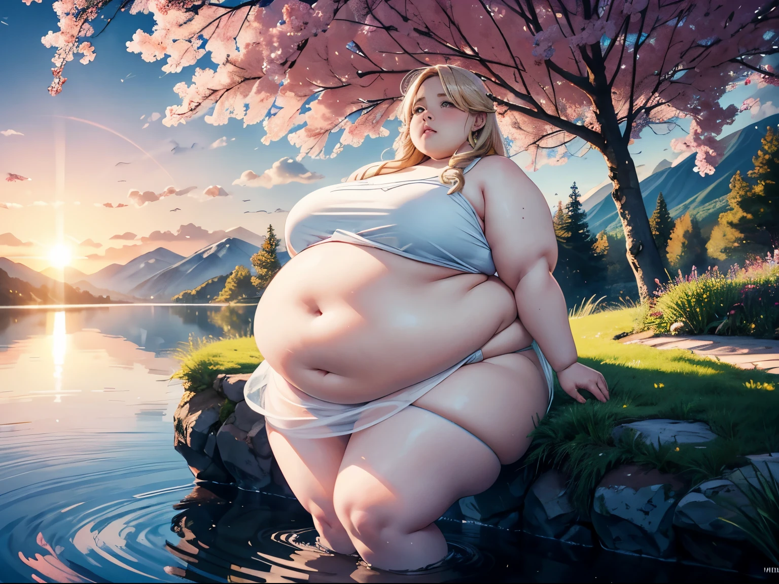 Rule_of_thirds, 1 girl, extremely obese, (obese belly):1.7, (obese legs):1.5, fat rolls, SSBBW Adeline body, Serene expression, mesmerizing eyes, gorgeous supermodel face, straight long blonde hair, flowing dress, poised posture, porcelain skin, subtle blush, crystal pendant
BREAK
golden hour, (rim lighting):1.2, warm tones, sun flare, soft shadows, vibrant colors, painterly effect, dreamy atmosphere
BREAK
scenic lake, distant mountains, willow tree, calm water, reflection, sunlit clouds, peaceful ambiance, idyllic sunset, ultra detailed, official art, unity 8k wallpaper
, zentangle, mandala