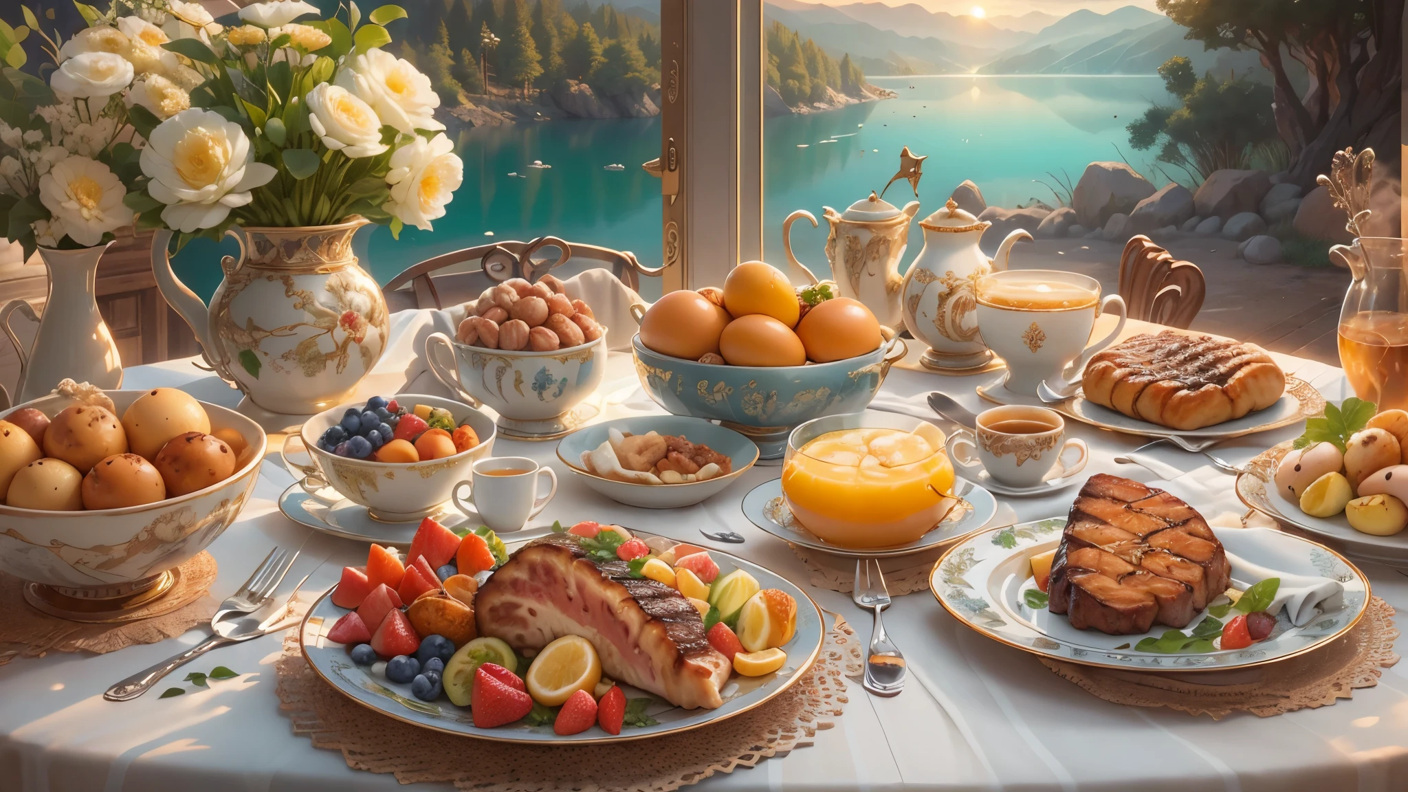 (Masterpiece, Top quality, Best quality, Beautiful and aesthetic:1.2), Extremely detailed, highest details, sunrise, A place near the lake. the trees. terrace, Mountains in the background, There is a bouquet on the table, Cups of coffee, Vases with fruits and berries. Eggs and steaks on the table, juicy savory steaks and eggs on the table, the most fantastic breakfast foods on the table.
