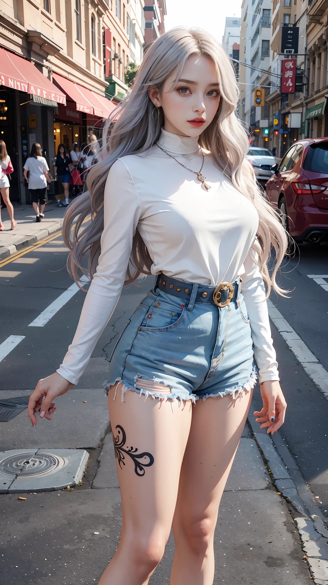  Beautiful girl college student，masterpiece，Light makeup，red lips，silver hair，messy long hair，street background，beautiful，grace。Super fine detail，work，Authentic texture，Realistic movie lighting，完美的work，8k，HD，Exquisite facial features，White skinny turtleneck top，White skinny shorts，slim figure，big bright eyes，，earring，necklace，Tattoos are