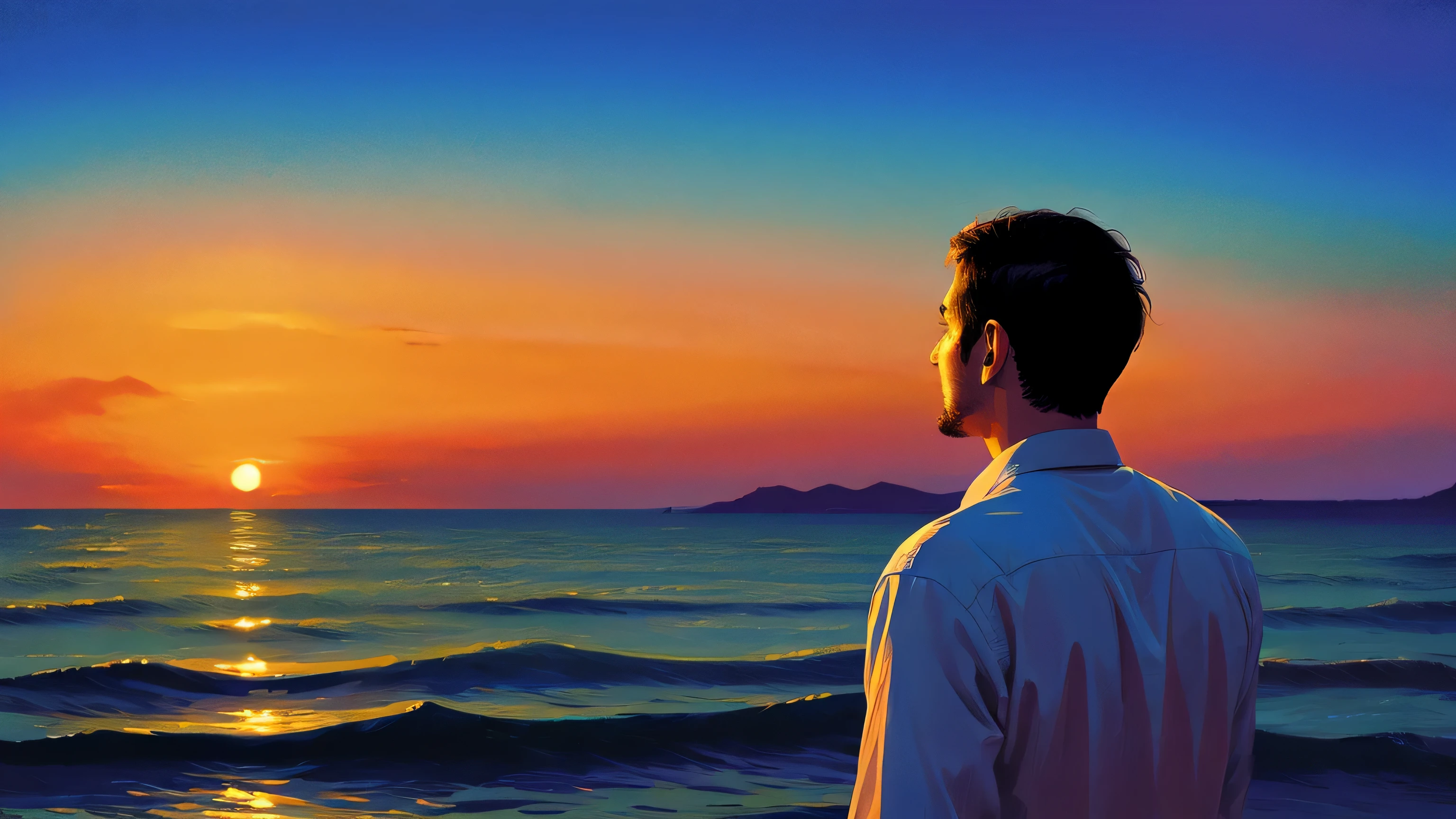 Rear view of a man looking at the beautiful sea、painterly、evening、High resolution