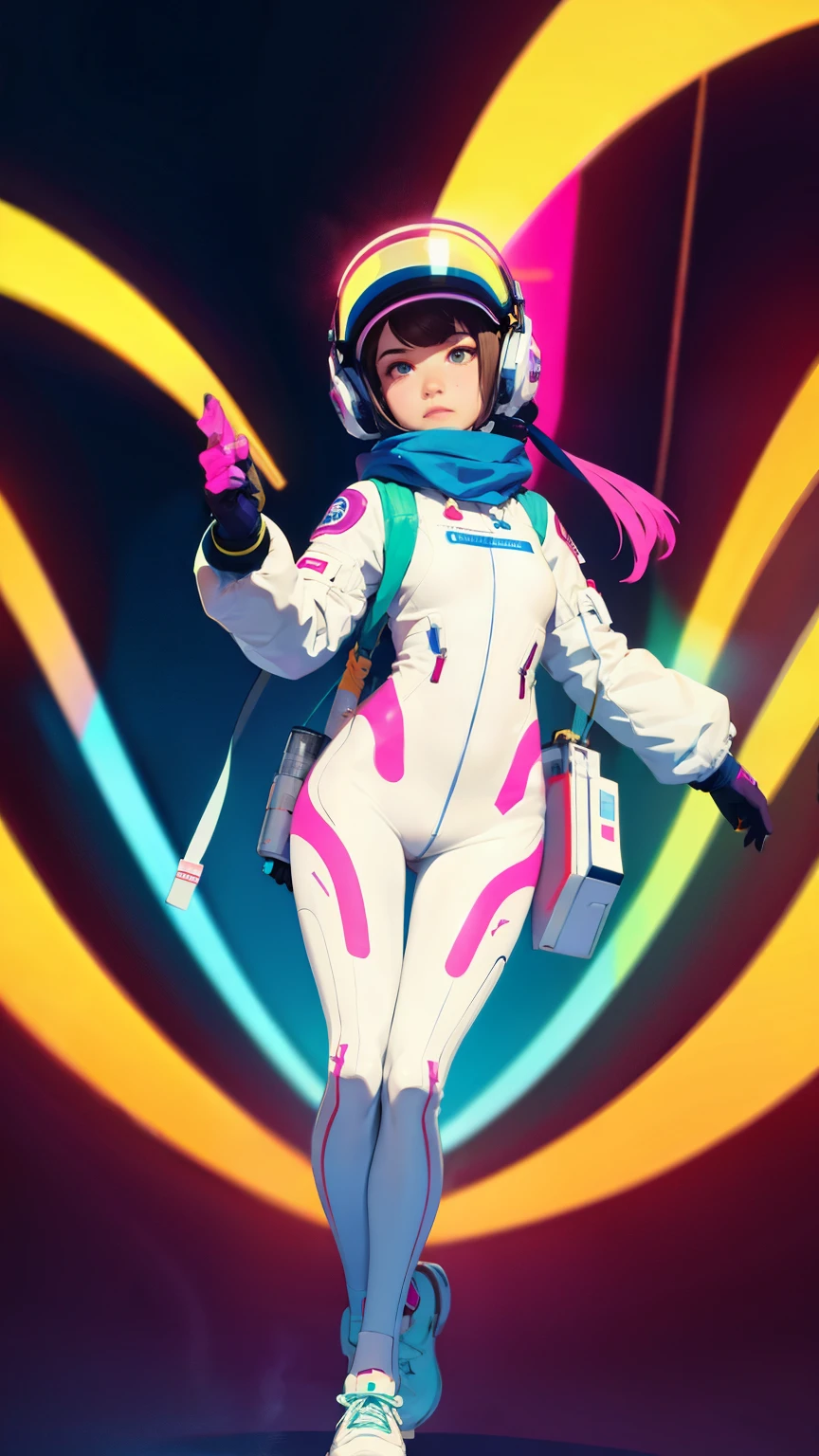 (ultra detailed,ultra high res,detailed background),((2D)),((flat color)),((muted color)),((floating neon)),1girl,solo,looking at viewer, BREAK, spray paint, graffiti, girl in a white space suit wearing her helmet, plush scarf, full body image, adult woman, anatomically perfect face, face in focus, symmetrical face