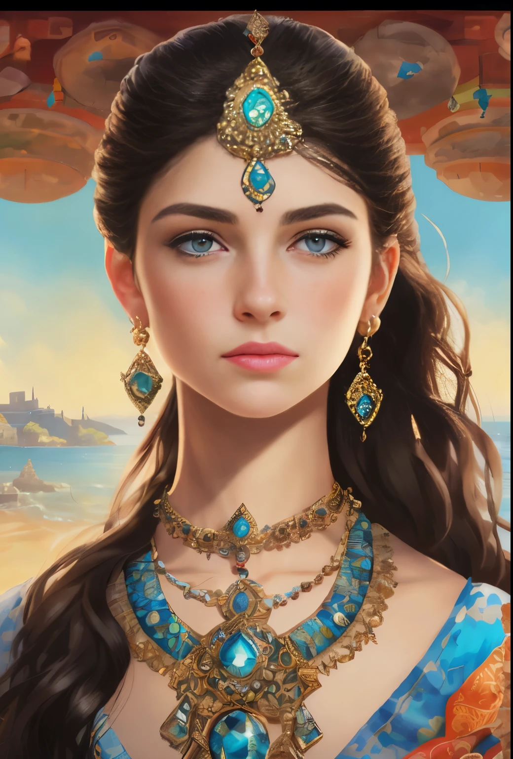 High resolution, brunette girl, 15 years old, bright blue eyes, pattern of stones on her face along the forehead to the temples, Brunette, temples slightly shaved, long black hair pulled back in a ponytail, temples slightly shaved, dressed in a silk shirt and loose trousers, bright blue eyes, portrait, the sea in the background, seagulls, realism, fantasy