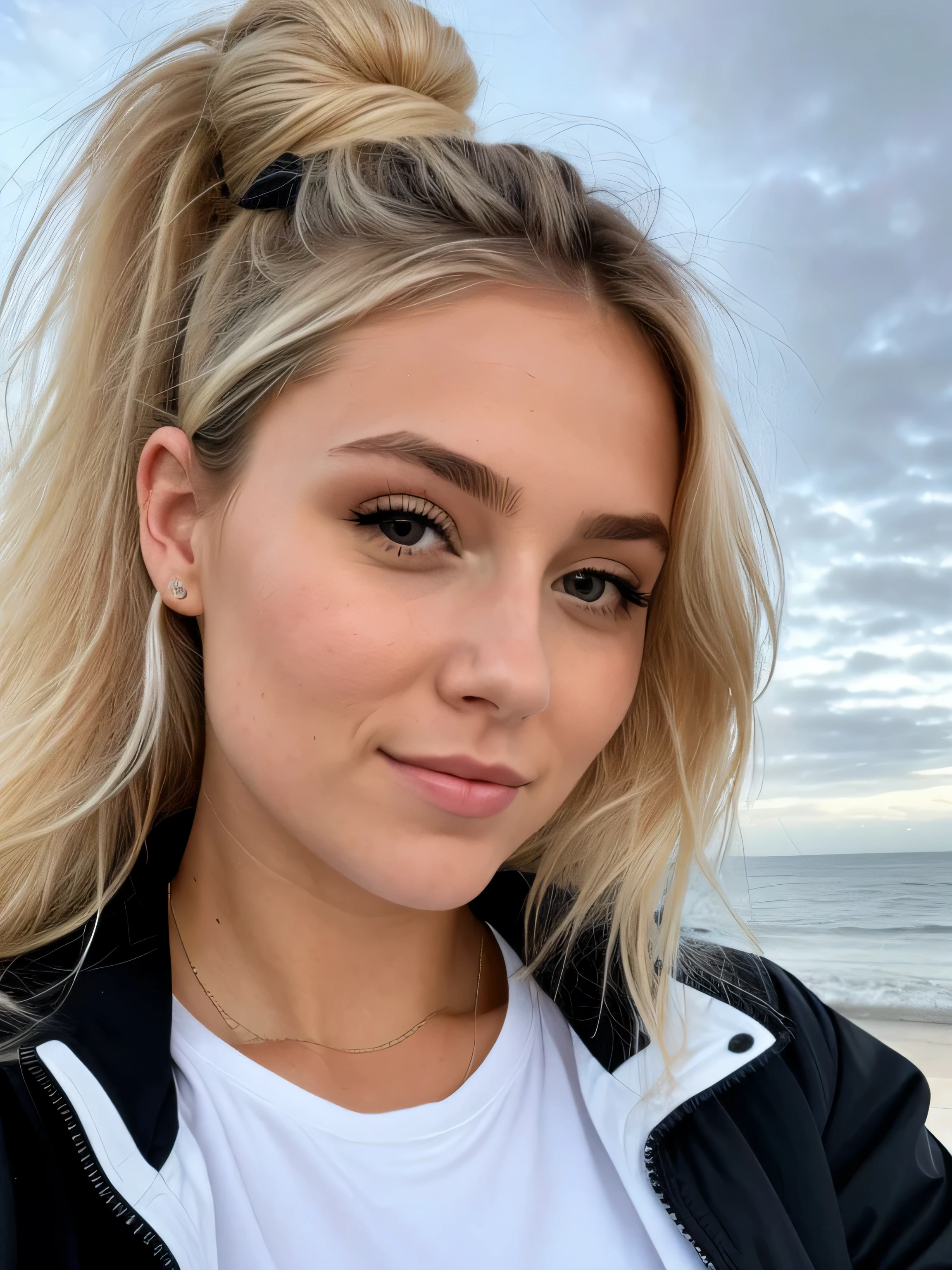 Une femme blonde de 23 ans prend un selfie en plein air au soleil sur la plage, la mer couvre tout le fond, Photorealism, Blonde Hair with Light Brown Roots, cheveux blond, Cheveux avec des racines brunes, yeux bleus, belle femme, vue de face, Extreme close-up of the face, zoom sur le visage, elle porte un blouson noir d'hiver, high quality, selfie, her hair is tied behind her head with a ponytail, her hair is stuck to her head