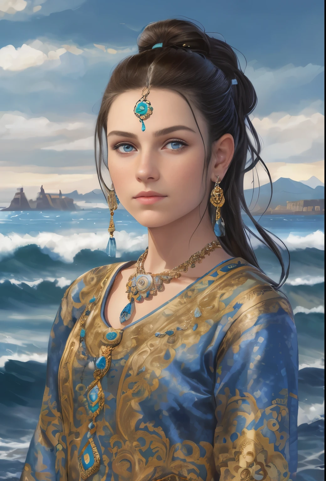 High resolution, brunette girl, , bright blue eyes, pattern of stones on her face along the forehead to the temples, Brunette, temples slightly shaved, long black hair pulled back in a ponytail, temples slightly shaved, dressed in a silk shirt and loose trousers, bright blue eyes, portrait, the sea in the background, seagulls, realism, fantasy
