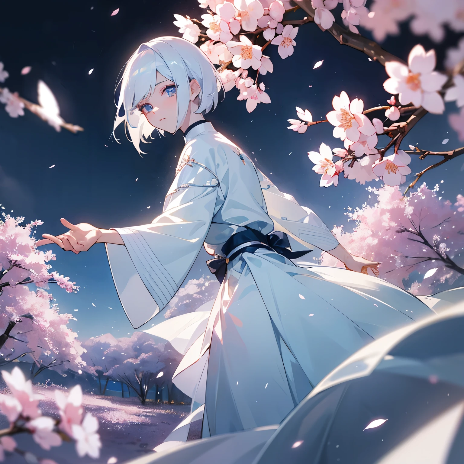 With white hair and shiny hair、Straight, boyish short hair、long white lashes、Light blue jewel-like eyes、A beautiful young man with white skin。Scenery of dancing cherry blossoms on a moonlit night。