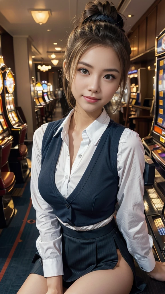 Japanese female one person、Transcendently beautiful、((24-years-old))、((smile))、((Half close your eyes:1.2))、((Mouth wide open:1.2))、((legs wide open:1.2))、((squirm:1.2))、((Blonde hair, but black hair around the hairline:1.2))、((One bun hair:1.2))、((navy blue cloth vest:1.25))、((Short dark blue skirt:1.25))、((White long sleeve cutter shirt:1.25))、(checked ribbon bow tie)、((from below:1.3))、(A hallway with slot machines on both sides in the background:1.35)、looking at the camera、