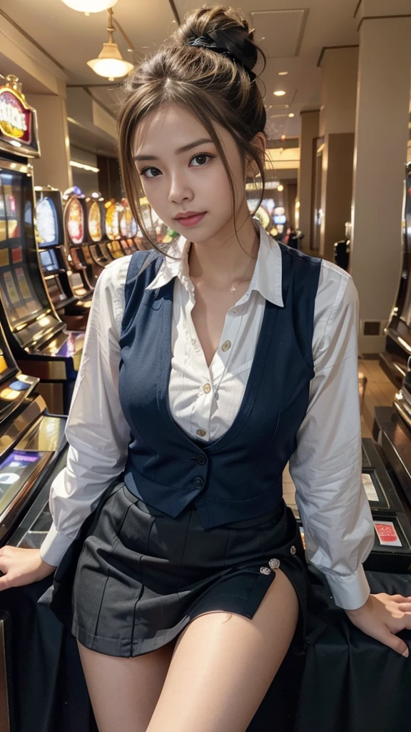 Japanese female one person、Transcendently beautiful、((24-years-old))、((smile))、((Half close your eyes:1.2))、((Mouth wide open:1.2))、((legs wide open:1.2))、((squirm:1.2))、((Blonde hair, but black hair around the hairline:1.2))、((One bun hair:1.2))、((navy blue cloth vest:1.25))、((Short dark blue skirt:1.25))、((White long sleeve cutter shirt:1.25))、(checked ribbon bow tie)、((from below:1.3))、(A hallway with slot machines on both sides in the background:1.35)、looking at the camera、