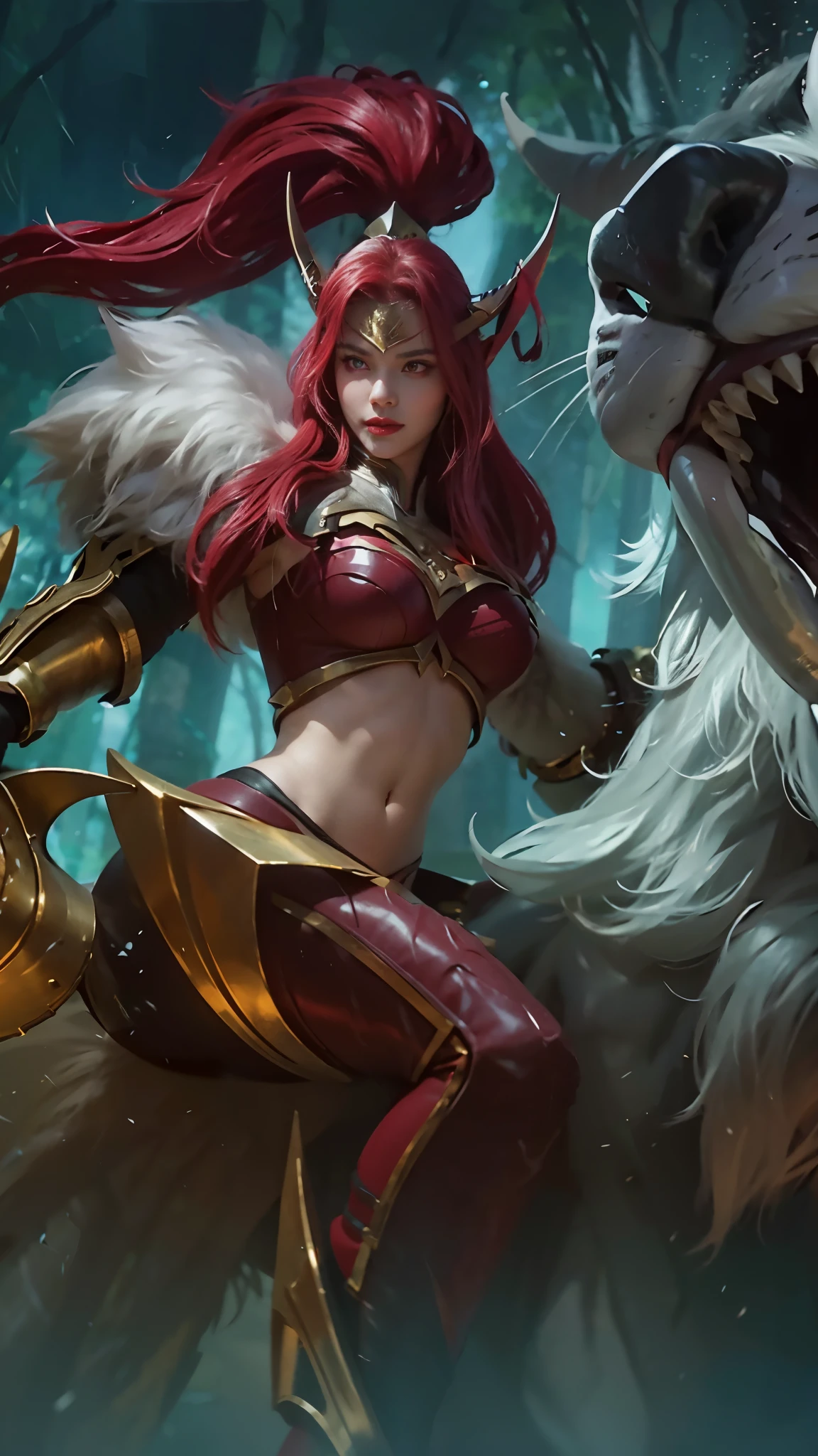 (female:1.2), 8k, ultra hd, ultra detailed texture, hyper realistic, masterpiece, detailed texture, detailed face, detailed skin, detailed lighting, (photorealistic:1.5), best quality, beautiful lighting, cinematic lighting, professional lighting, ultra highres, realistic, detailed hair, real hair, high quality, (realskin:1.5), extremely detailed, finely detail, ultra-detailed, 1girl, solo, elf, pointy ears, standing, demon horns, forehead protector, (red eyes:1.5), v-shapped eyebrow, lips, red lips, evil smile, nose, make up, pretty, beautiful, cute face, long hair, blue hair, high ponytail, large , cleavagt, navel, stomach, black armor, pauldrons, bare shoulders, shoulder armor, thigh high, sleevless, detached sleeves, breastplate, gas, karina \(mobile legends\), depth of field, looking aways, white skin, skin tight, amazing pose, outdoors, glowing, dark view, blurry background