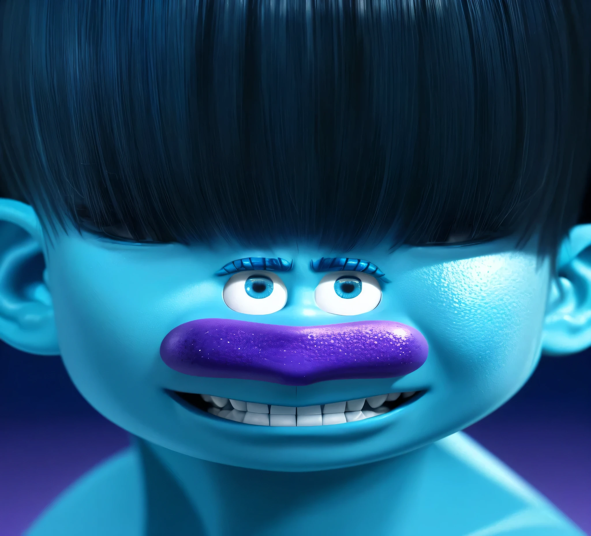 The image depicts a close-up of a character from the animated movie Trolls World Tour. The character has blue skin, a black afro, and is making a surprised face. The focus is on the character's blue face with large blue eyes, thick eyebrows, and a purple mouth. The background is a solid blue color. The image is a still from the cartoon "Trolls". The blue troll character is depicted with an emotion of surprise. with a straight hairline. It shows a close-up of a blue troll with two large blue curly eyes raised up in surprise. The troll has a blue face with dark blue eyebrows and blue eyes. He has a big purple nose underneath. He has a big purple nose underneath. It features a close-up of a blue troll with a large afro of hair. The troll has a blue face with dark blue eyebrows and blue eyes with black eyelashes. He has a purple nose blue troll with big blue eyes and black eyebrows. blue troll with black hair and large blue eyes. The troll has thick eyebrows and long eyelashes. glossy trolls with and glossy texture, smooth 3d model, multiple light sources, rim light, sharp post effects render, (glossy metallic texture with multiple big light probe refractions), perfect cgi, anthropomorphic cat, digital art, detailed digital art, reflective, best quality, 4k, masterpiece:1.2, ultra-detailed, realistic, vivid colors, dark and moody lighting, The image of the highest quality, ensuring every detail showcased perfectly. It in 4k resolution, allowing viewers to immerse themselves in the richness of the colors and intricate details. The realistic rendering. under the spotlight, reflecting, high-resolution image, realistic rendering, dark background, and rim light