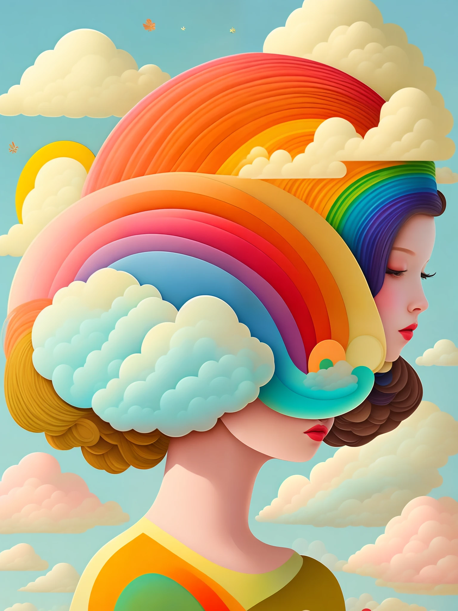 (masterpiece, best quality:1.2),art illustration，girl portrait，often neck，hair by clouds，Baiyun，rainbow，The composition，stitching，trees， rainbow,  , Contrasting colors, in the spring landscape, Abstract surreal colors,rich and colorful, popular geometric surrealism, rainbow色的梦想， icon design, Rozmin trip, vector art，