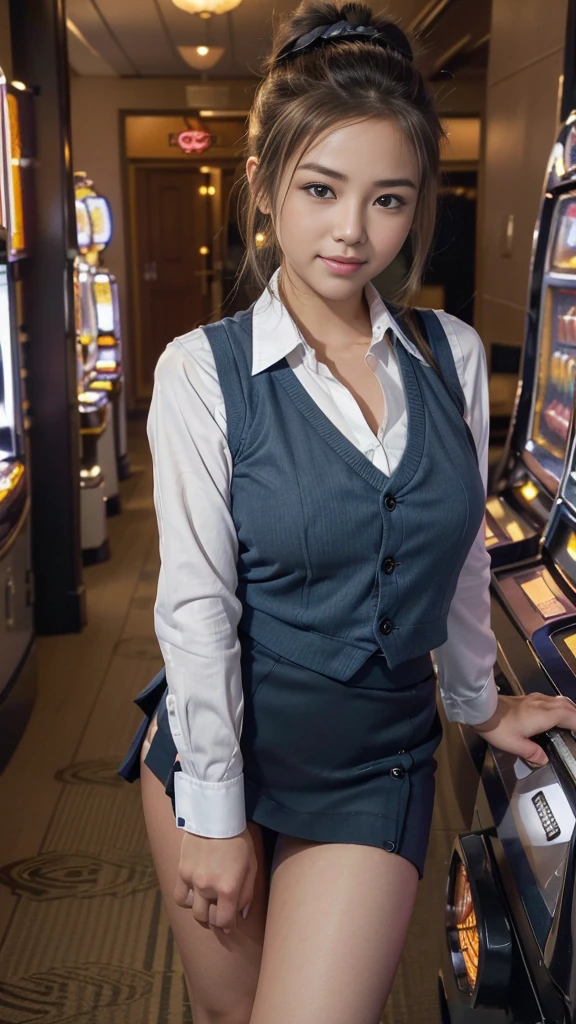 Japanese female one person、Transcendently beautiful、((24-years-old))、((smile))、((Half close your eyes:1.3))、((Mouth wide open:1.3))、((legs wide open:1.4))、((squirm:1.3))、((Blonde hair, but black hair around the hairline:1.2))、((One bun hair:1.2))、((navy blue cloth vest:1.25))、((Short dark blue skirt:1.25))、((White long sleeve cutter shirt:1.25))、(checked ribbon bow tie)、((from below:1.3))、(A hallway with slot machines on both sides in the background:1.35)、looking at the camera、