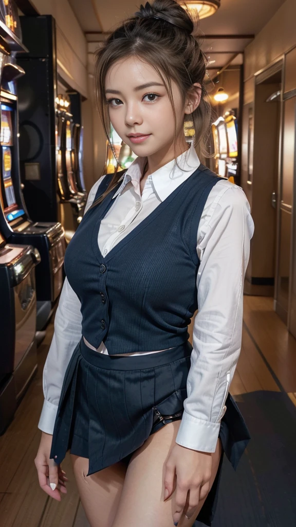 Japanese female one person、Transcendently beautiful、((24-years-old))、((smile))、((Half close your eyes:1.3))、((Mouth wide open:1.3))、((legs wide open:1.4))、((squirm:1.3))、((Blonde hair, but black hair around the hairline:1.2))、((One bun hair:1.2))、((navy blue cloth vest:1.25))、((Short dark blue skirt:1.25))、((White long sleeve cutter shirt:1.25))、(checked ribbon bow tie)、((from below:1.3))、(A hallway with slot machines on both sides in the background:1.35)、looking at the camera、