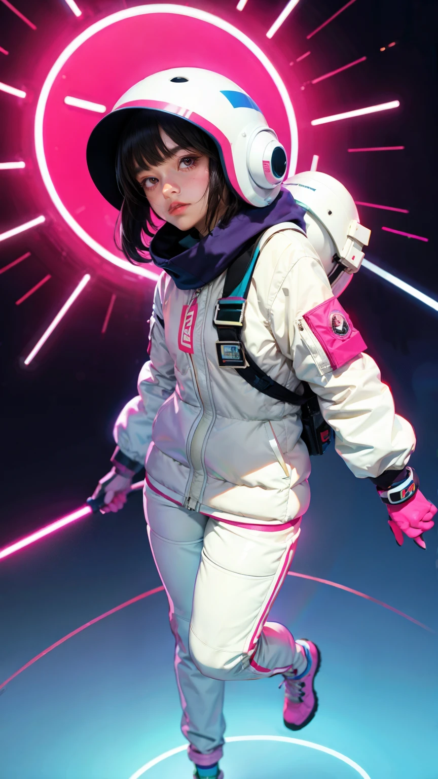 (ultra detailed,ultra high res,detailed background),((2D)),((flat color)),((muted color)),((floating neon)),1girl,solo,looking at viewer, BREAK, spray paint, graffiti, girl in a white space suit wearing her helmet, plush scarf, full body image, adult woman