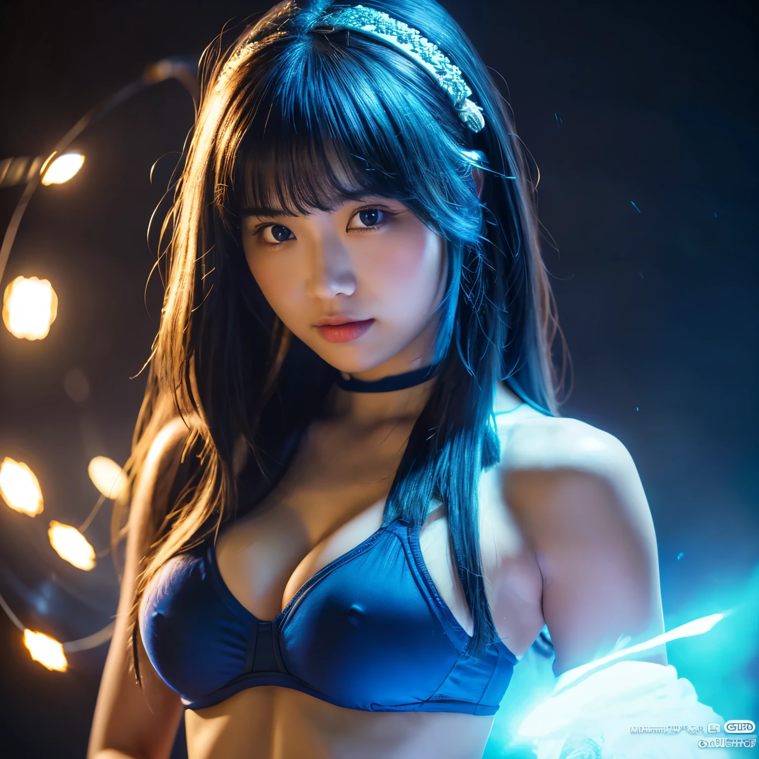 (RAW Photo, Best Quality), (Realistic, Photo Realistic: 1.3), Best Quality, Highly Detailed, Masterpiece, Ultra Detailed, Illustration, 1 Girl, upper_body, Dynamic Angle, Extremely Detailed CG Unified 8k Wallpaper, Ink, Amazing, Movie upper_body, Dynamic Angle, World Mastery Theater, messy_long_hair, Best Quality, Extremely Detailed CG Unified 8k Wallpaper, Ink, Amazing, Movie Lights, lens_flare, dunhuang_style, Detailed Face, Beautiful Rendering of Tang Dynasty, (Deliberate expression: 1. 5), Standing in a school field, Fireflies, Scarf floating , sony master shot, woman posing for photo in front of tv, inspired by Fei Danxu, blue hair and bangs, hi-res screenshot, nicovideo, normal hands, vivid colors, full body shot of limur tempest, nice studio lighting, vhs screenshot, beautiful fine face,bikini:1.5