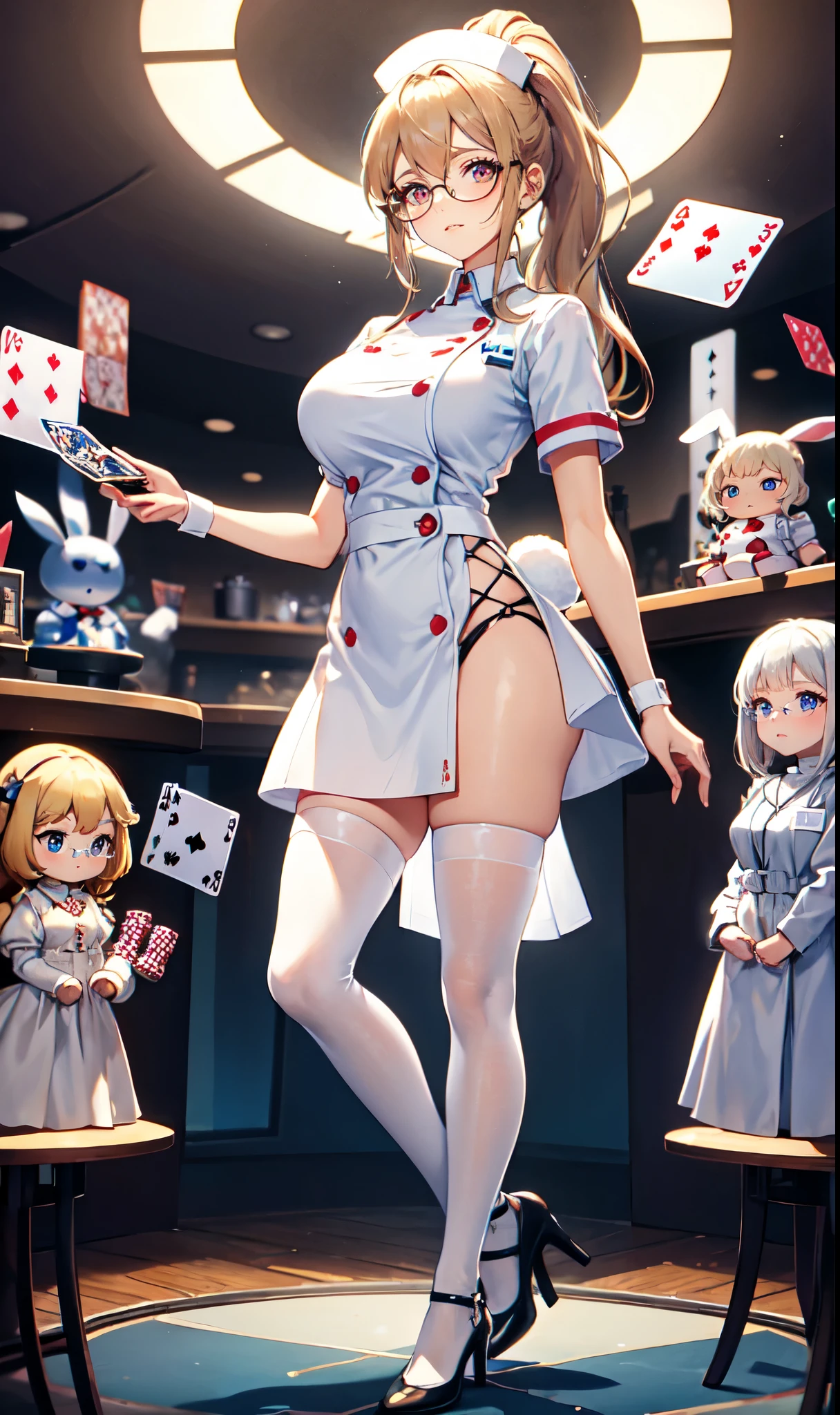 White hospital ward background,Playing card decoration,Long light blonde hair,Standing close-up,dream world,Sister nurse,(glasses),High ponytail,Messy hair,Elongated danphoenix eyes,(white nurse,Handheld dolls,Bunny doll:2.0),(big breast)Background of poker decoration,(A ward filled with poker:1.9),Gentle and sickly nurse sister,white stockings,High heel,Detailedly drawn backgrounds