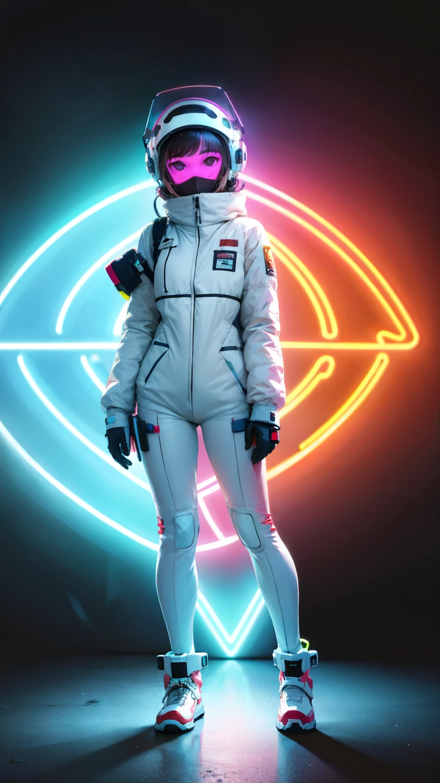 (ultra detailed,ultra high res,detailed background),((2D)),((flat color)),((muted color)),((floating neon)),1girl,solo,looking at viewer, BREAK, spray paint, graffiti, girl in a white space suit wearing her helmet, plush scarf, full body image, adult woman, anatomically perfect face, face in focus, symmetrical face