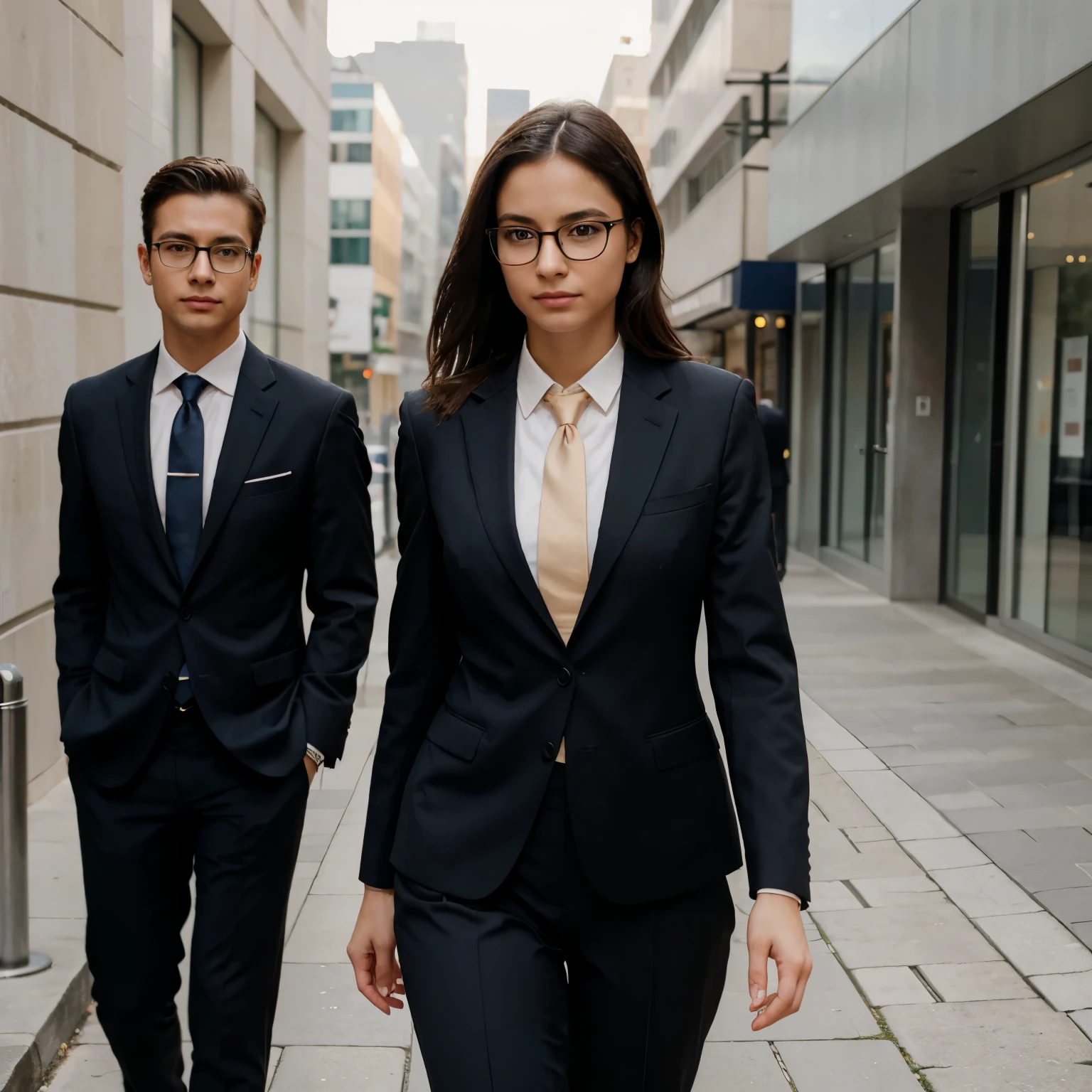 a woman, wearing glasses, neatly dressed in a suit and tie, elegant, full of confidence, walks straight and athletic,