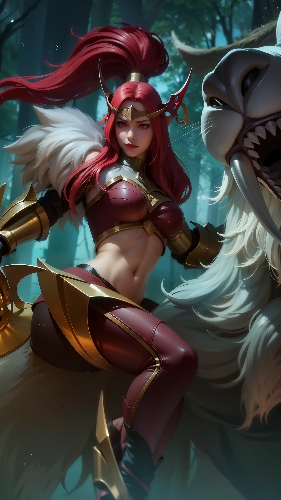 (female:1.2), 8k, ultra hd, ultra detailed texture, hyper realistic, masterpiece, detailed texture, detailed face, detailed skin, detailed lighting, (photorealistic:1.5), best quality, beautiful lighting, cinematic lighting, professional lighting, ultra highres, realistic, detailed hair, real hair, high quality, (realskin:1.5), extremely detailed, finely detail, ultra-detailed, 1girl, solo, elf, pointy ears, standing, demon horns, forehead protector, (red eyes:1.5), v-shapped eyebrow, lips, red lips, evil smile, nose, make up, pretty, beautiful, cute face, long hair, blue hair, high ponytail, large breasts, cleavage, armpit, navel, stomach, black armor, pauldrons, bare shoulders, shoulder armor, thigh high, sleevless, detached sleeves, breastplate, gauntlets, karina \(mobile legends\), depth of field, looking aways, white skin, skin tight, amazing pose, outdoors, glowing, dark view, blurry background