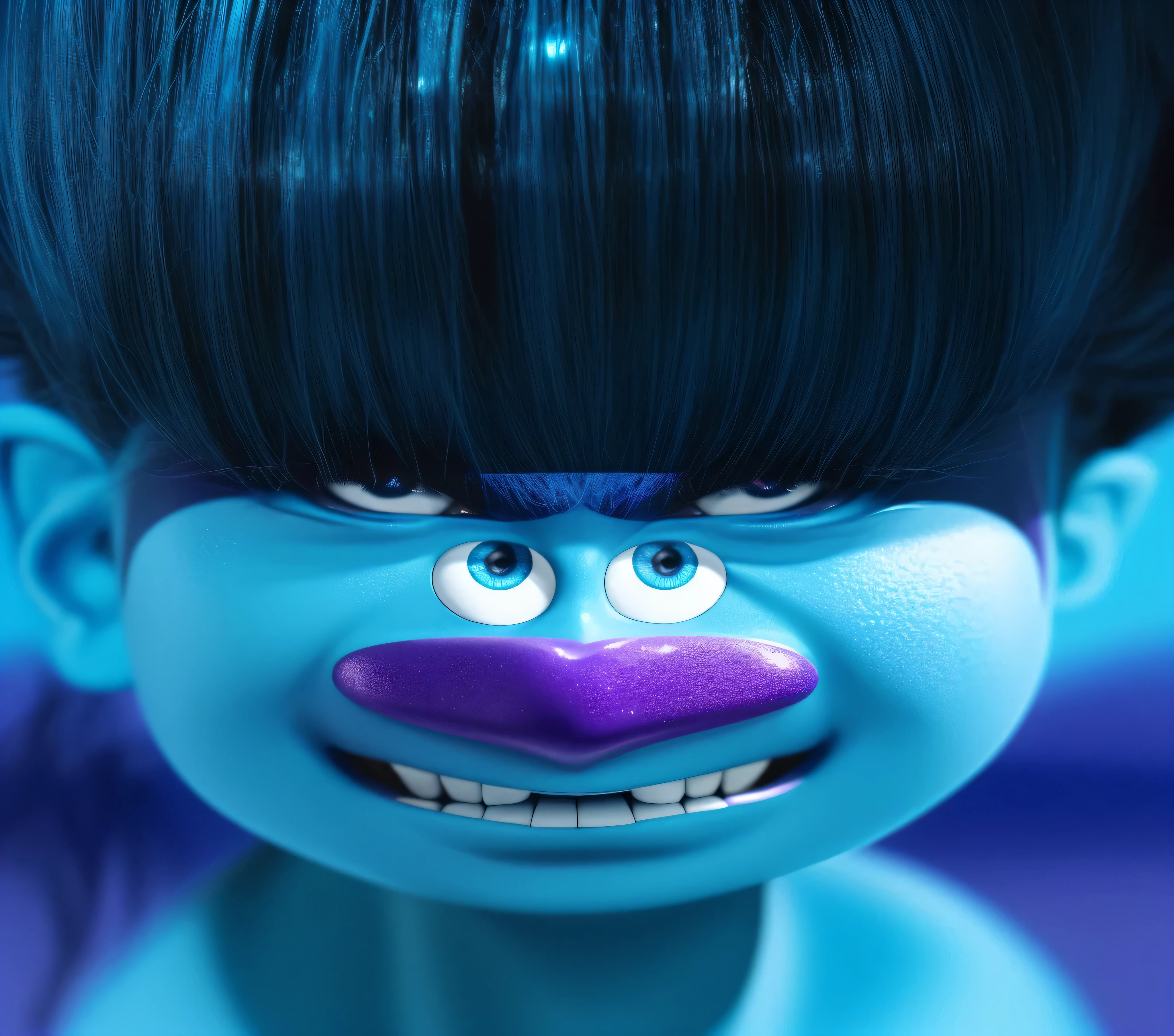 The photo shows a frame from a cartoon "Trolls". The blue troll character is depicted with a sense of surprise.. На нем крупным планом изображен blue troll с двумя большими голубыми вьющимися глазами, stood up in surprise.. The troll has a blue face with dark blue eyebrows and blue eyes... He has a big purple nose underneath. He has a big purple nose underneath. It shows a close-up of a blue troll with large afro hair.. The troll has a blue face with dark blue eyebrows and blue eyes.. with black eyelashes. He has a purple nose, blue troll, big blue eyes and black eyebrows.. blue troll с черными волосами и большими голубыми глазами. The troll has thick eyebrows and long eyelashes. glossy trolls with glossy texture, smooth 3d model, Multiple light sources, rim light, clear depiction of post-effects, (Glossy metallic texture with many large refractions of light probes.), perfect CG, Anthropomorphic cat, Digital art, detailed Digital art, reflecting, Best quality, 4K, masterpiece:1.2, ultra detailed, Realistic, bright colors, dark and moody lighting, Highest quality image, ensuring every detail is showcased perfectly. This is in 4k resolution, allowing viewers to be immersed in the rich colors and intricate details. The Realistic rendering. in the spotlight, reflecting, High-resolution image, Realistic rendering, dark background, and rim light