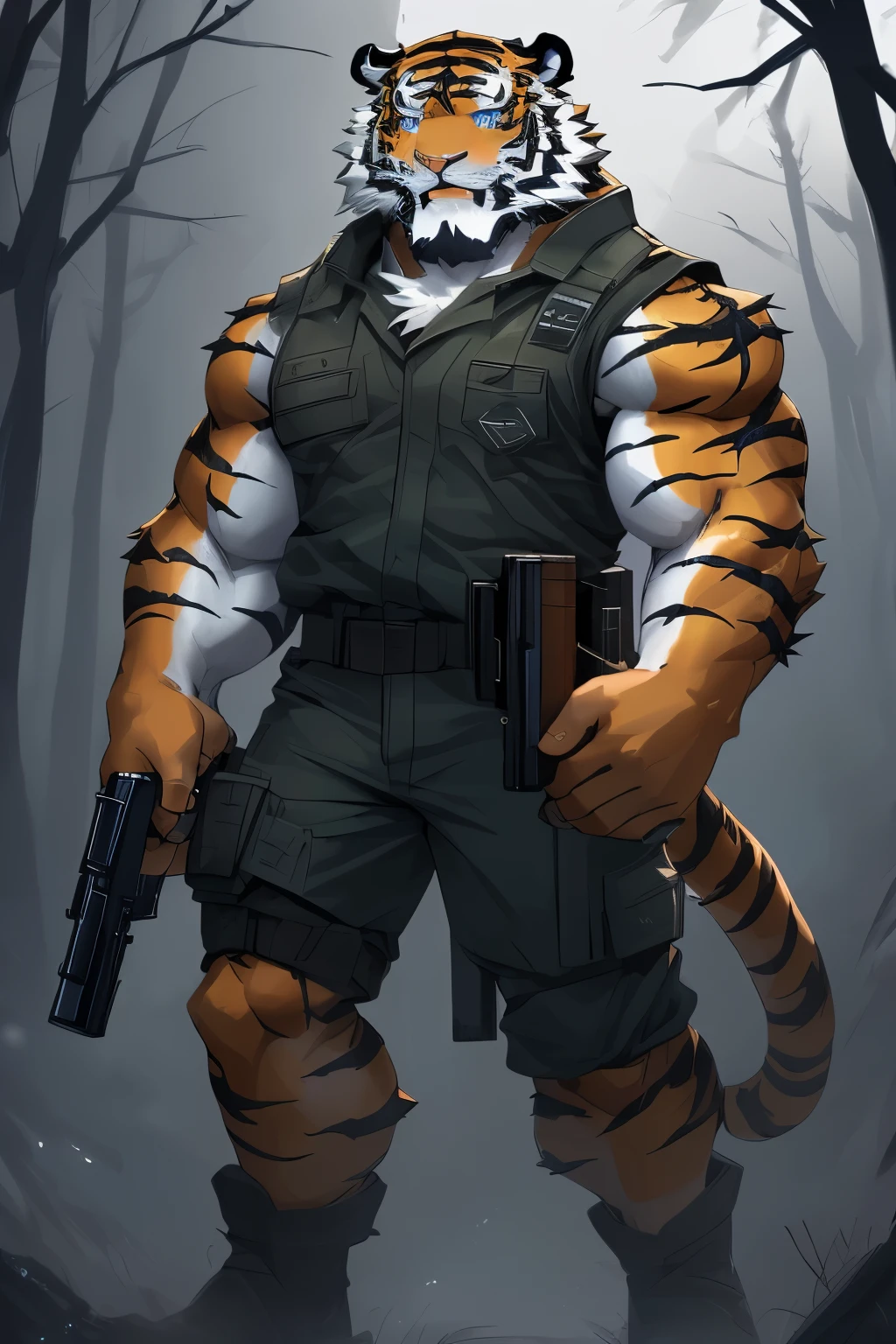 anime character with tiger , tiger_beast, Firmware version, high resolution committee, ((tiger)), gigachad muscular, muscular!!, Tik, muscular!, anthropomorphic tiger, muscular character, 库沙special·肯兹, Super detailed!!, muscular!!!, beefy, full body commission, Full body details are very rich,((16k)),((special)),(The two eyes are different in color，Different pupils:1.8),HD,(Colored hair:1.5),(Wearing a damaged combat uniform:1.5),solo,(表情perseverance:1.3),hope,((One eye is blue，The other eye is gold:1.5)),(A pair of eyes with different pupil colors:1.5)，((perseverance:1.6)),((perseverance的看着:1.5))，(front:1.3),HD,(cg),(perfect hands),(perfect face),(Very detailed face:1.5),（Put on a military cap:1.3),(Military clothes cover the arms),(((Very detailed eyes))),(((Holding a gun in hand))),((Spooky woods)),((Gloomy weather))