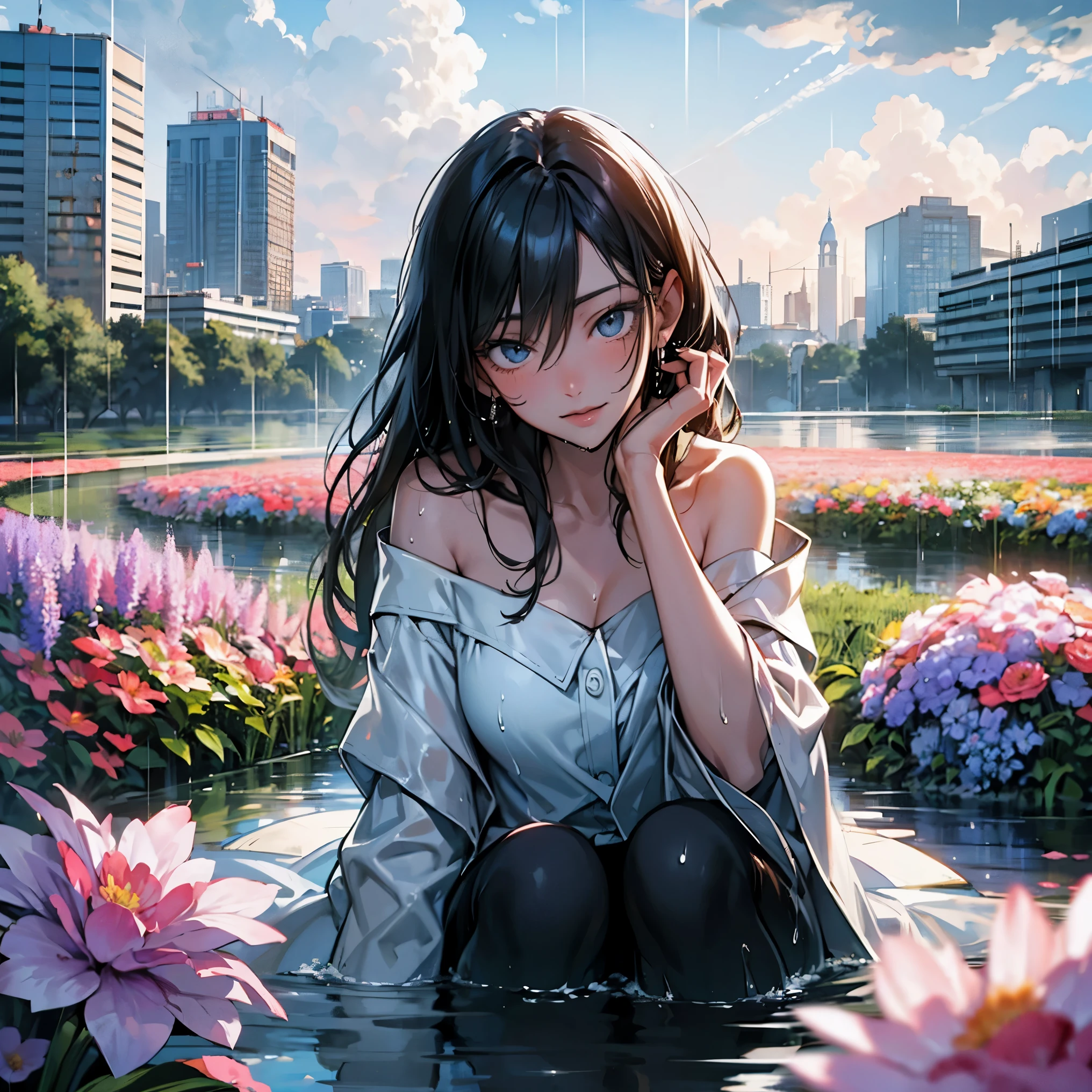 mature anime style, rain on face, cloudy sky, beautiful asian girl, off shoulder,  heavenly aura around, field of flowers, destiny watching, world is a flood, slowly I become one with the mud, cross in background, city scape