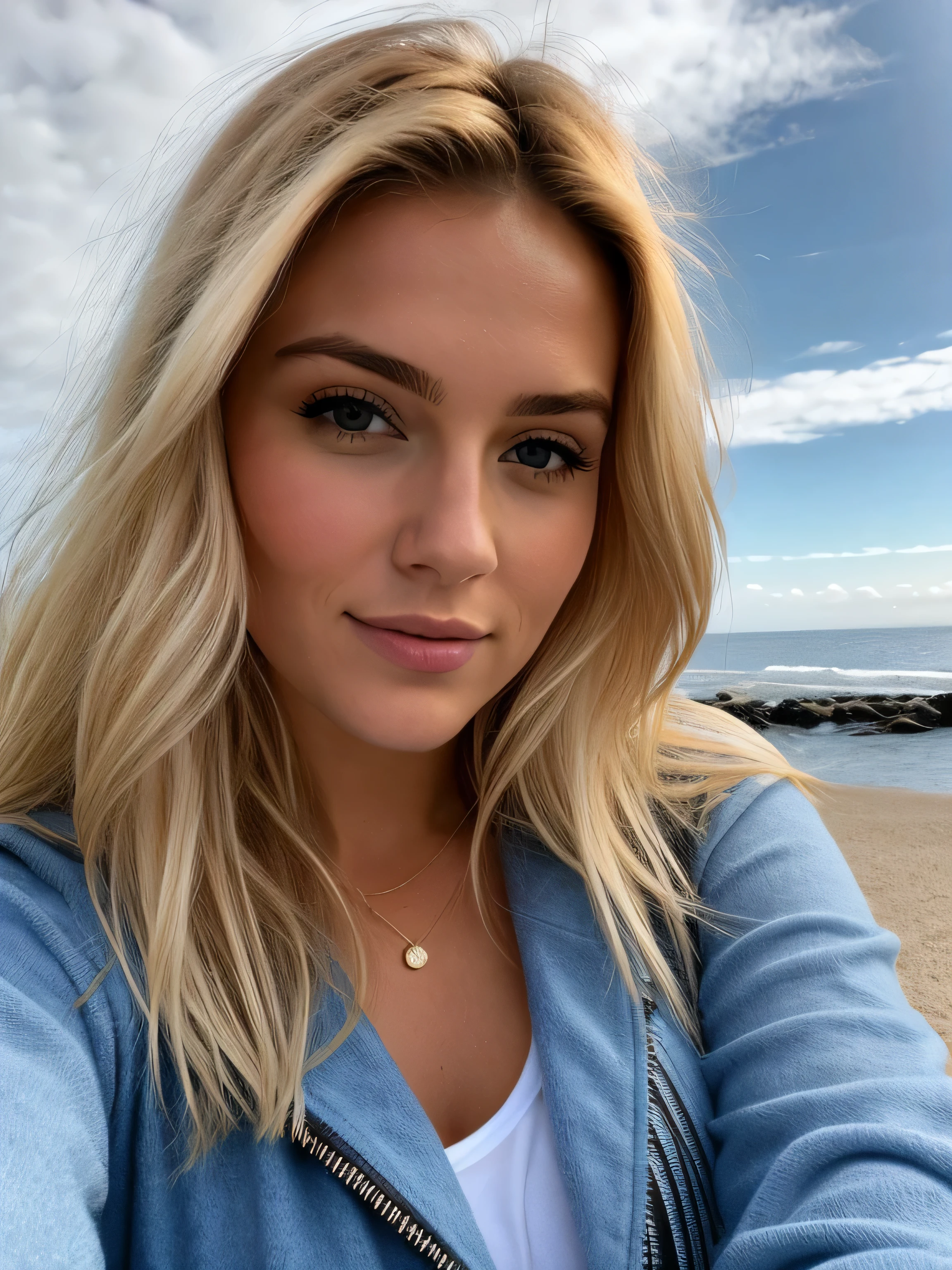 une femme blonde de 23 ans prend un selfie en plein air au soleil sur une plage de galets, grand ciel bleu, Grand soleil, la mer couvre une grande partie du fond, Photorealism, Blonde Hair with Light Brown Roots, cheveux blond, Cheveux avec des racines brunes, yeux bleus, belle femme, vue de face, Extreme close-up of the face, zoom sur le visage, elle porte un blouson noir d'hiver, high quality, selfie