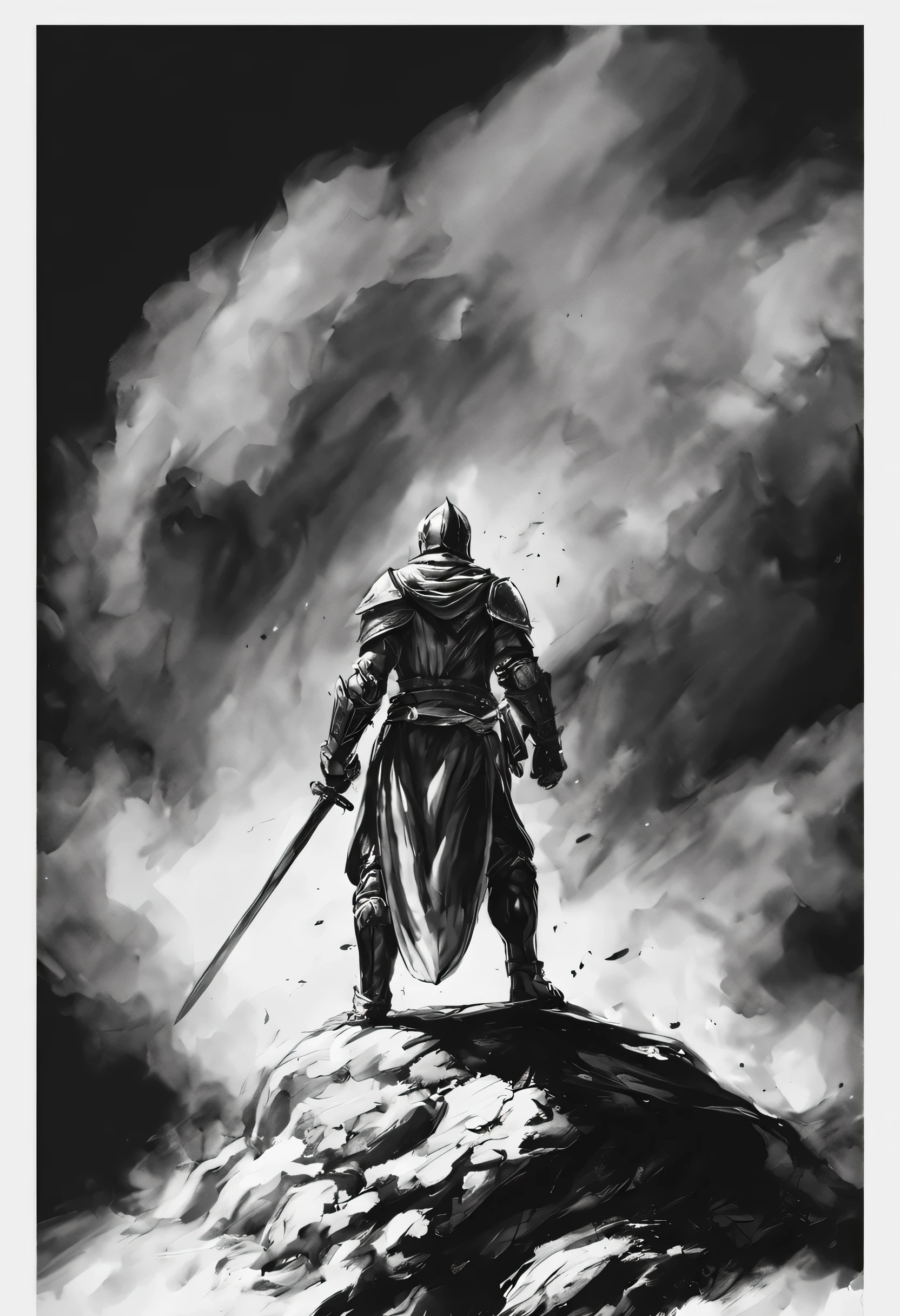 Hero knight back view, Detailed outline, black and white ink painting scene,There is smoke element,HD resolution, super detailed, Realistic lighting, Full of fighting atmosphere