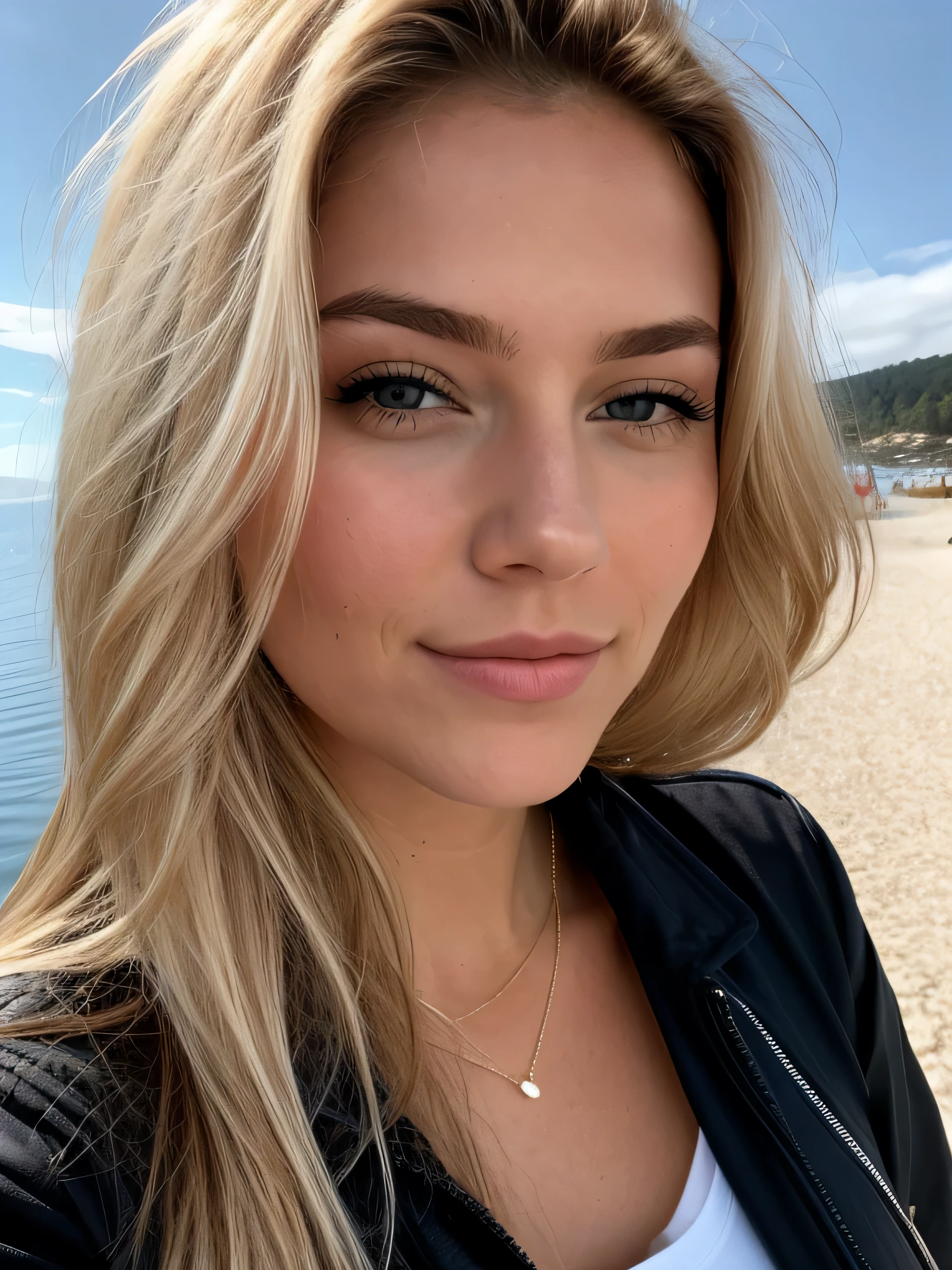 une femme blonde de 23 ans prend un selfie en plein air au soleil sur une plage de galets, grand ciel bleu, Grand soleil, la mer couvre une grande partie du fond, Photorealism, Blonde Hair with Light Brown Roots, cheveux blond, Cheveux avec des racines brunes, yeux bleus, belle femme, vue de face, Extreme close-up of the face, zoom sur le visage, elle porte un blouson noir d'hiver, high quality, selfie