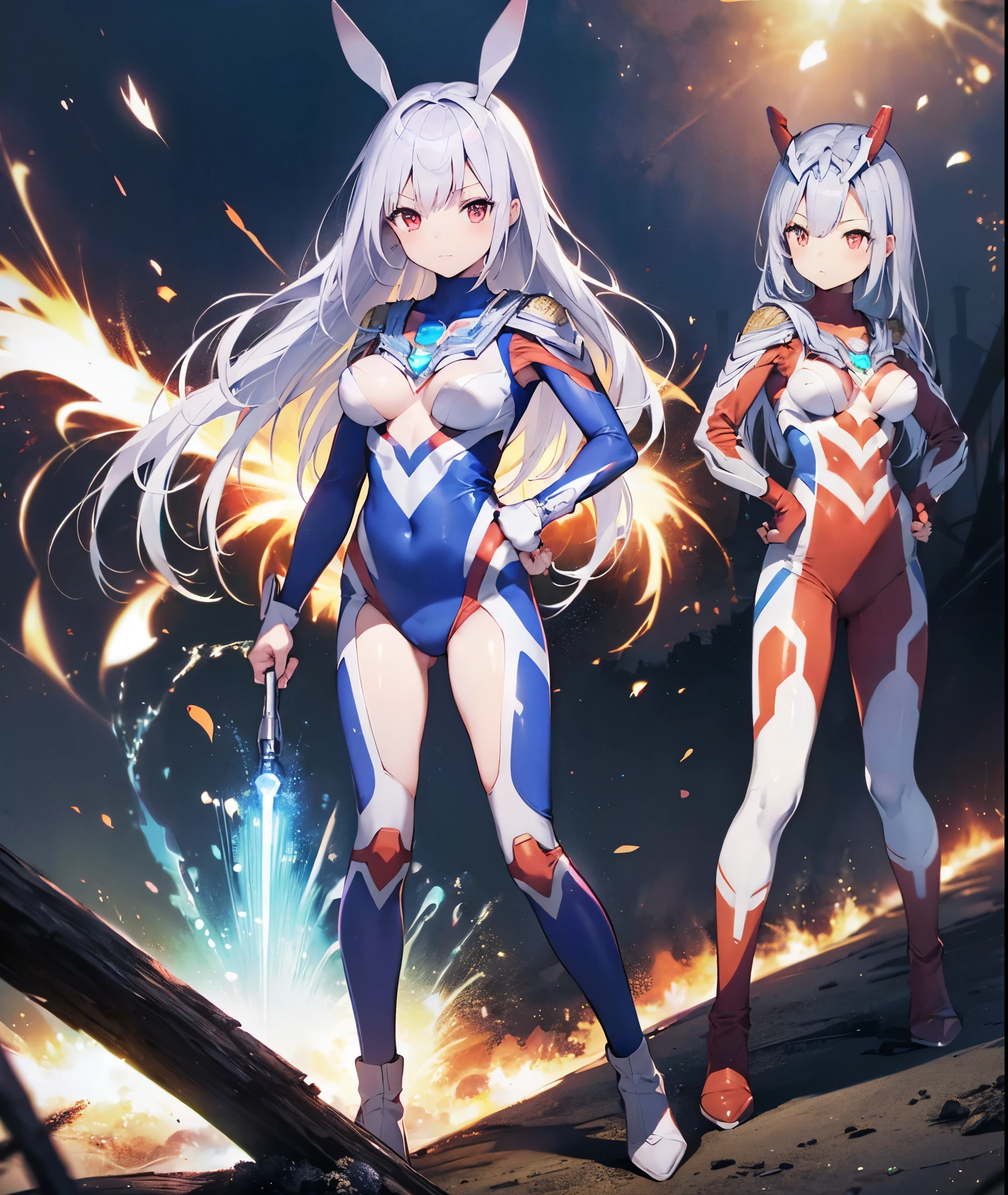 highest quality, ultra detail, High quality CG drawing, The most delicate and beautiful, Float softly, High resolution, (1 girl), (Highest image quality,4K,8K,masterpiece:1.2)light purple hair,Bunny ears,long hair,red eyes, (Ultra Girl :1.0), (silver and red ultraman bodysuit:1.4),big breasts,(Put your hands on your hips:1.2),(fist:1.2),room
